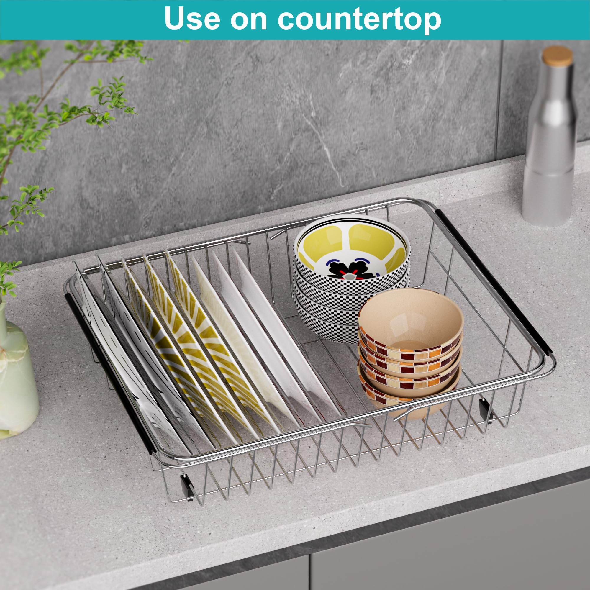 Ipegtop Expandable Dish Drying Rack, Over The Sink Dish Rack, In Sink Or On Counter Dish Drainer Basket Shelf With Black Utensil