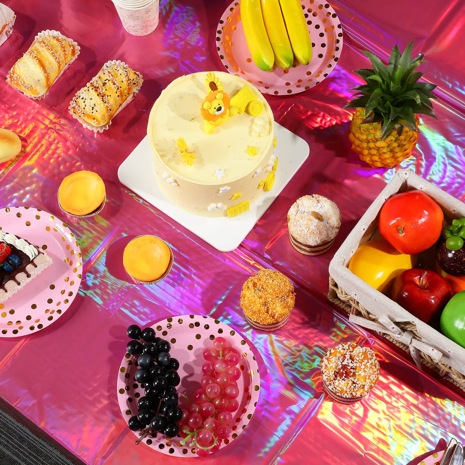 8 Pack Hot Pink Iridescence Plastic Tablecloths Shiny Disposable Laser Rectangle Table Covers Holographic Foil Tablecloth Irides