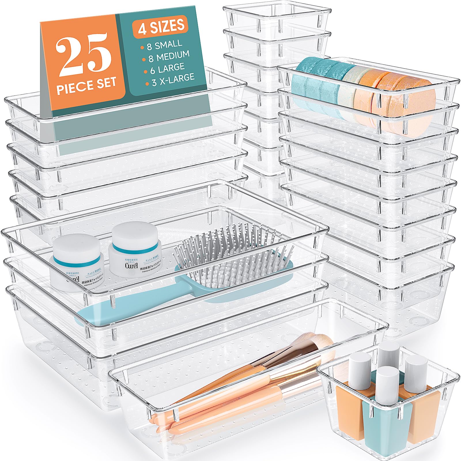 WOWBOX 25 PCS Clear Plastic Drawer Organizer Set, 4 Sizes Desk Drawer Divider Organizers and Storage Bins for Makeup, Jewelry, G