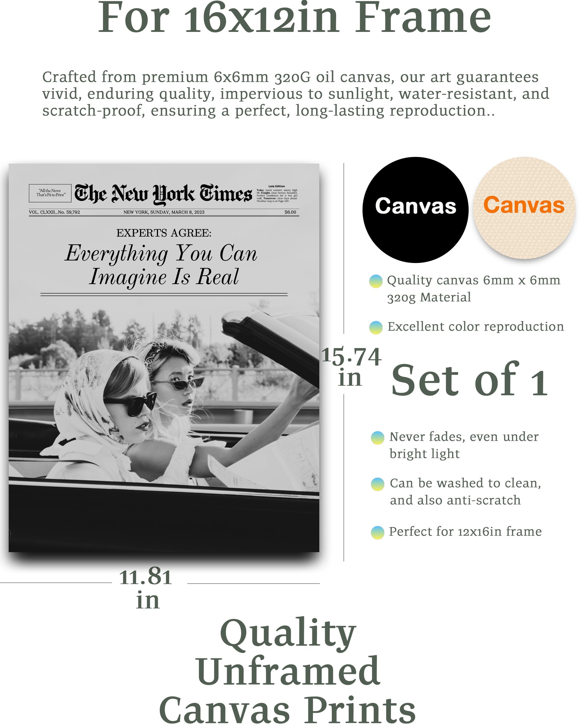 Ihery Unframed Trendy Hot Girls Newspaper Wall Art Prints,12X16In Canvas Wall Art Prints,Everything You Can Imagine Is Real Posi