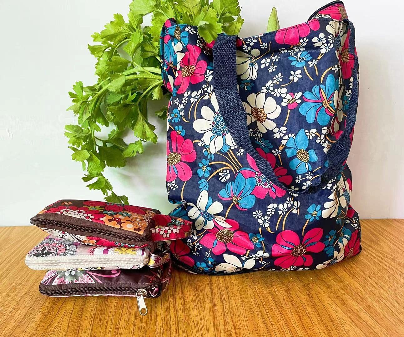 Nc 4 Pack Foldable Kitchen Reusable Grocery Bags Floral Designs With Zipper Folding Shopping Tote Bags Lightweight Durable Large
