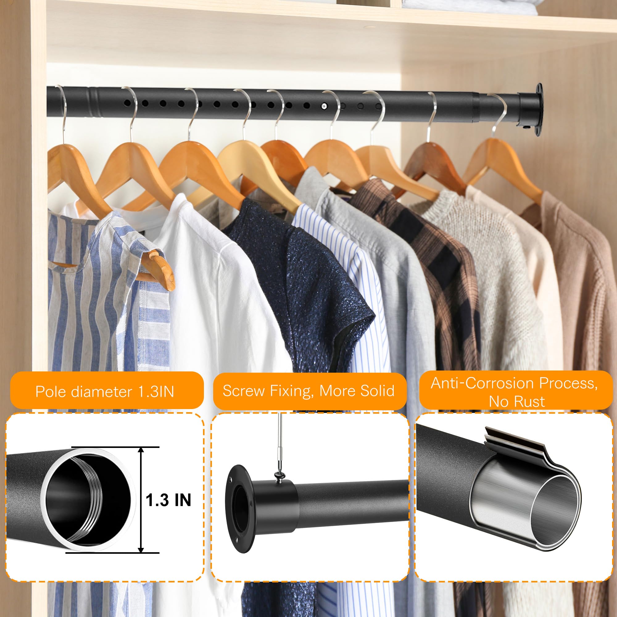 Closet Rod, 17 To 86 Inches Adjustable Closet Rods For Hanging Clothes Heavy Duty Closet Hanging Rod Metal Black Rod For Closet,