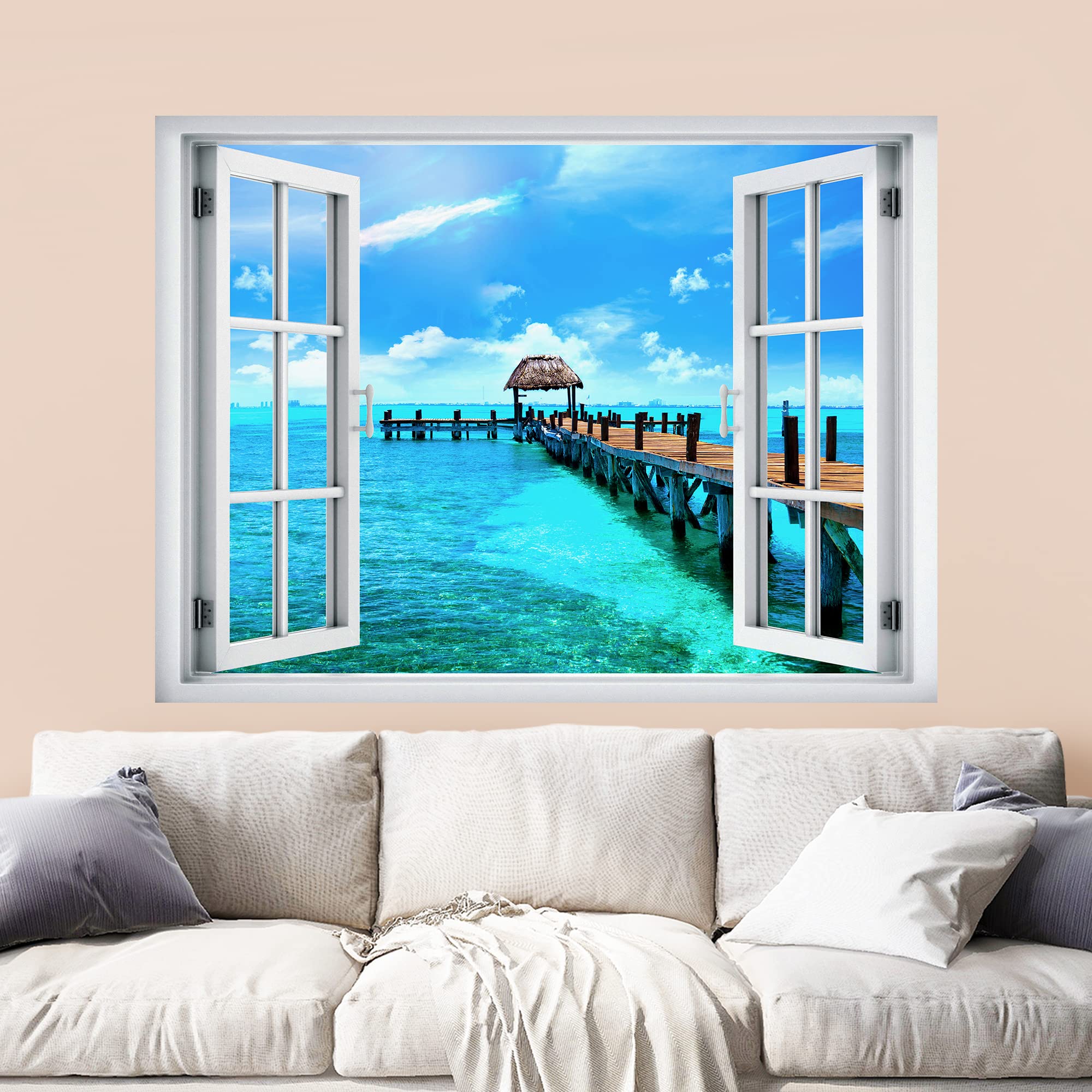 wall26 Removable Wall Sticker/Wall Mural Window View Tropical Beach Ocean Horizon Hawaiian Pier Nature Wilderness Photography Realism Landscape Multicolor for Living Room  Bedroom  Office - 36''x48''