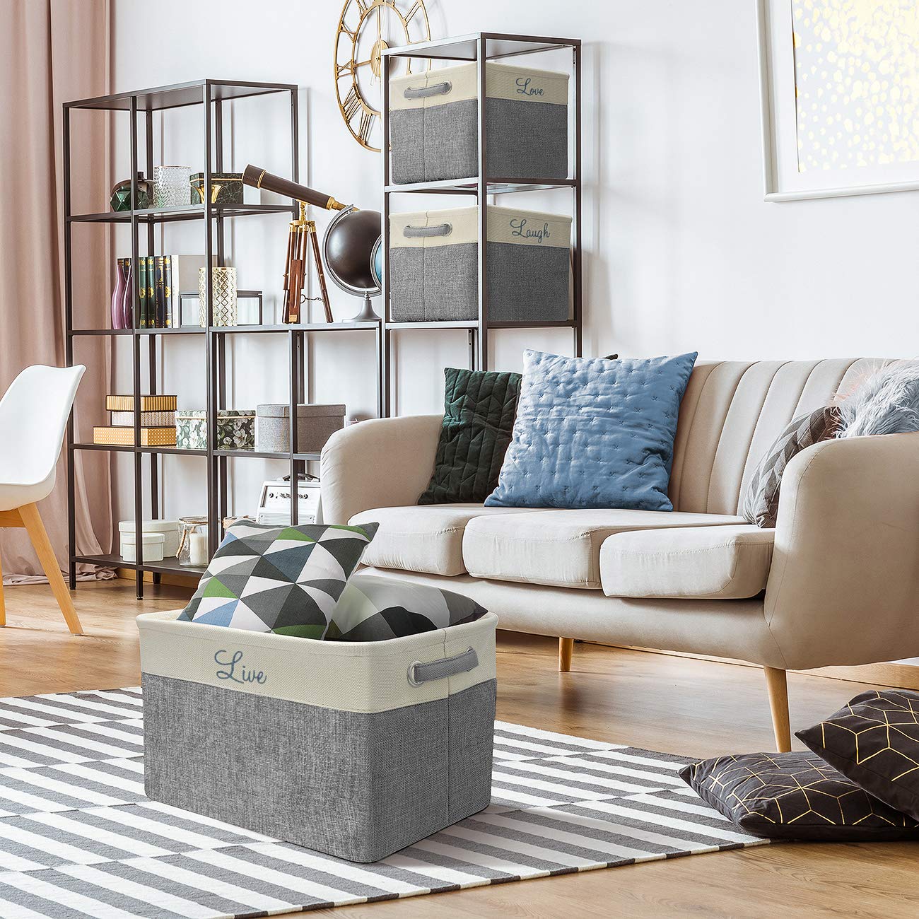 Sorbus Fabric Storage Cubes 15 Inch, 3 Pack, Grey, Jute And Cotton, Rectangular Baskets With Script Text, Foldable Storage Bins
