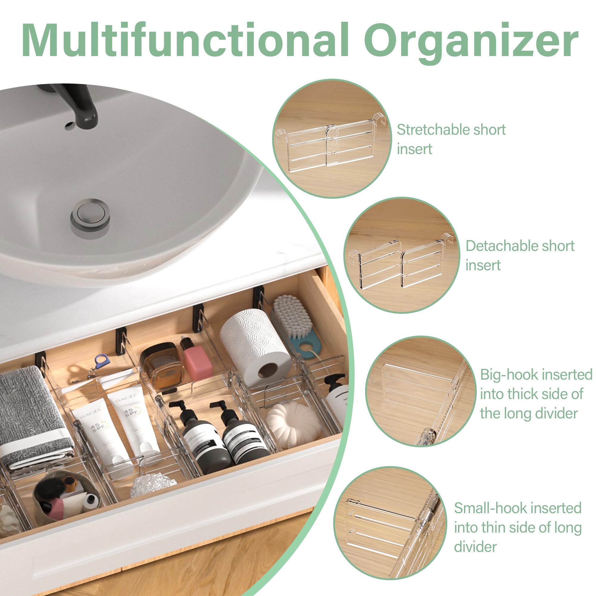 FUNIZE Adjustable Drawer Dividers With Inserts, 4'' High Expandable Drawer Organizers for Clothes, 5 Pack 12.6-22.8'' Long Divid