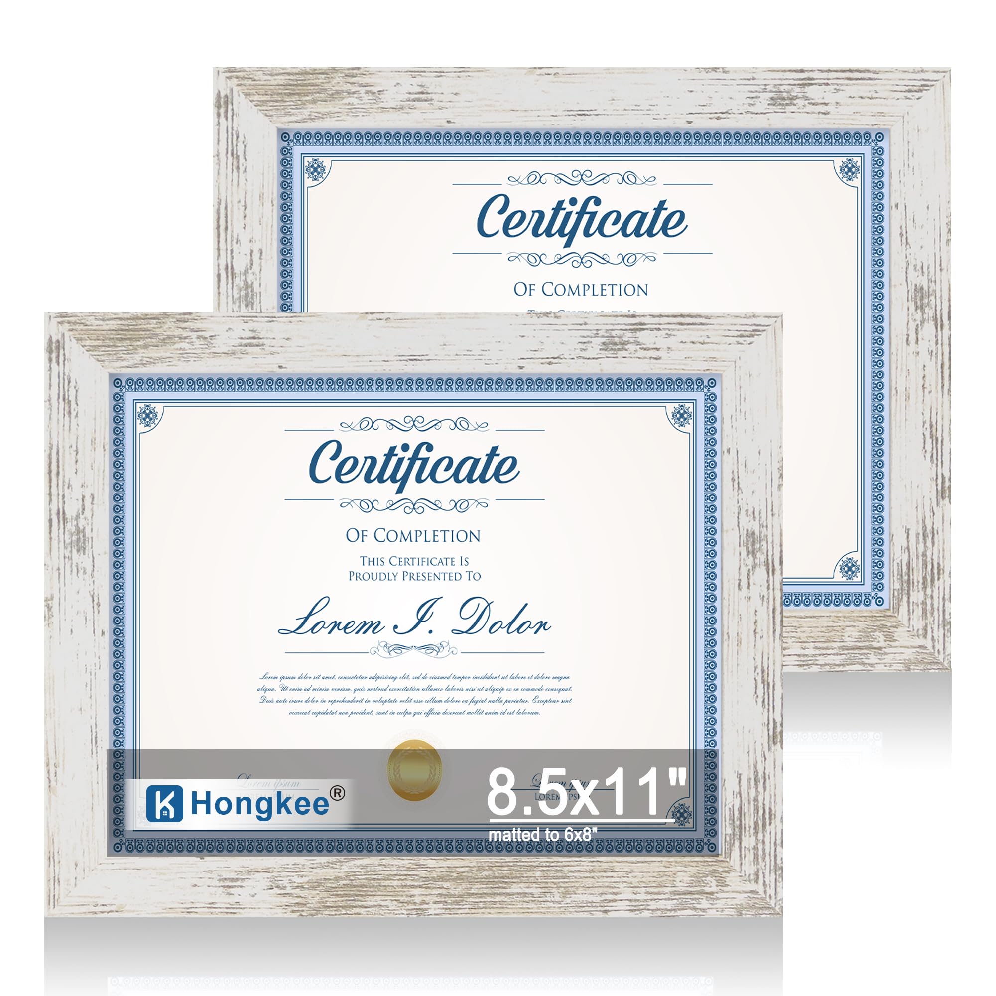 Hongkee 8.5 by 11 Diploma Picture Frame Set of 2, Made of Real Glass and Distressed White Certificate Frame, for Wall or Tableto