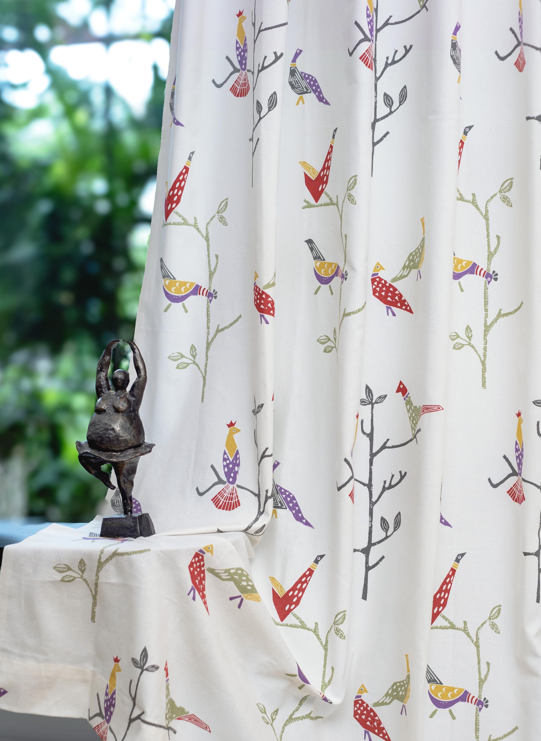 Tranquebar Curtain Co. Cotton Curtains 7 Feet Long Set Of 2, 60-65% Room Darkening, Multicolor Bird Print, Door Curtains 7 Feet 