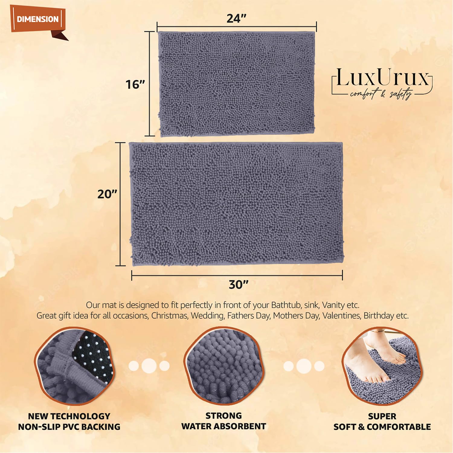 Luxurux 2 Piece Bathroom Rug Set - Premium Plush Bath Mat Shower Rugs, 1'' Chenille Microfiber, Non-Slip & Absorbent, Soft & Coz