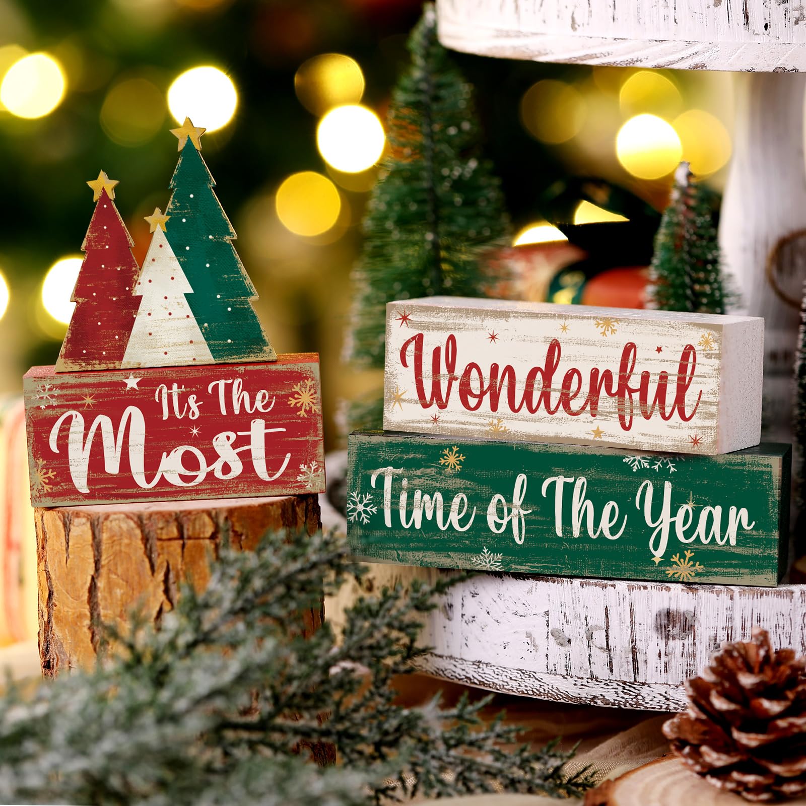 Moucuny 4 Pcs Christmas Decor Wooden Christmas Tree Tiered Tray Decor Xmas Centerpieces Farmhouse Wooden Block Set Xmas Table Si