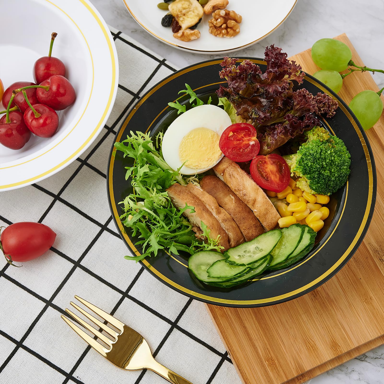 Jolly Party 50Pcs Black Plastic Bowls With Gold Rim-12Oz Disposable Soup Bowls, Christmas Thanksgiving Premium Dessert Salad Bow