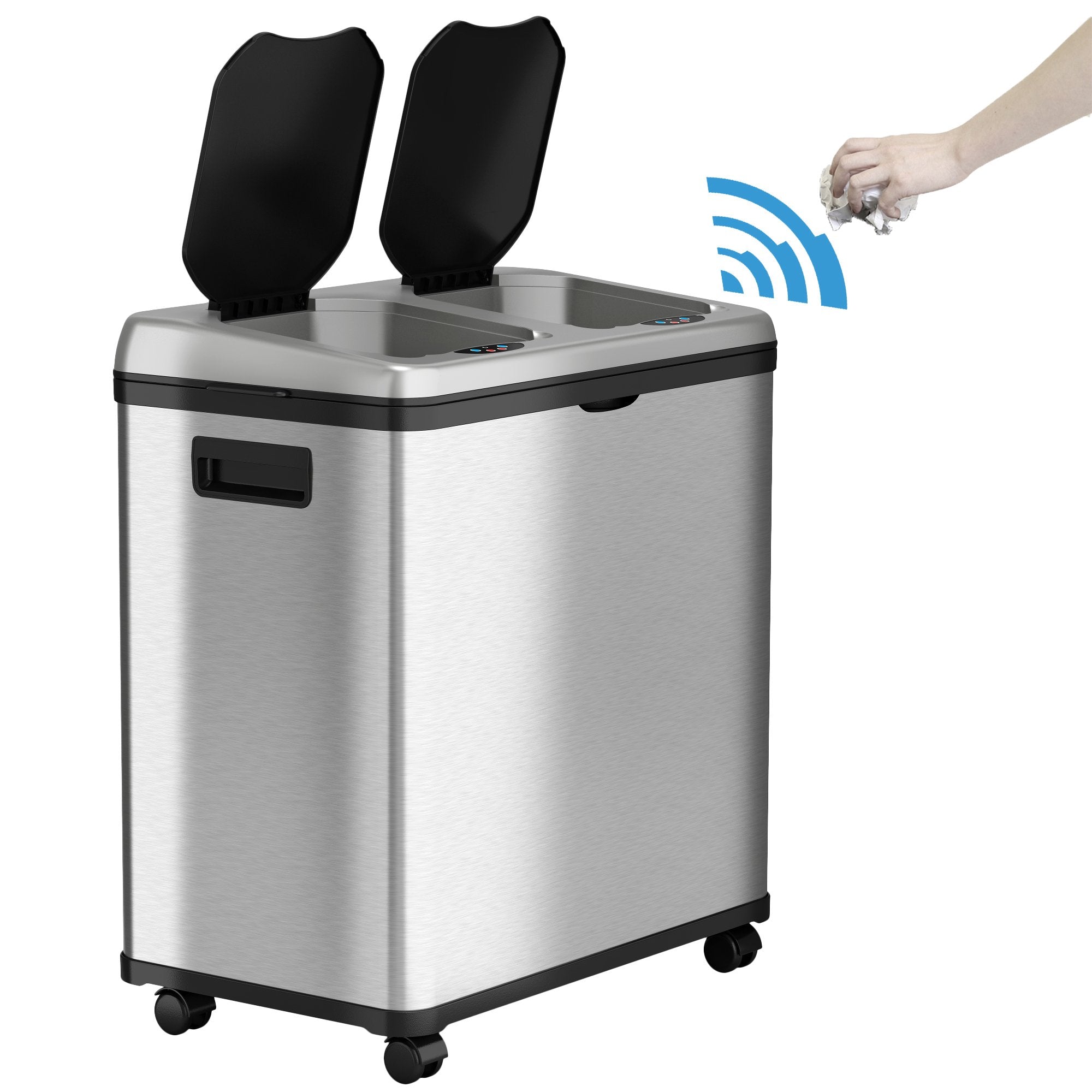 Itouchless 16 Gallon Touchless Trash Can Bin With Wheels, Stainless Steel, Compartment (8 Gal Each), Kitchen Recycling And Garba