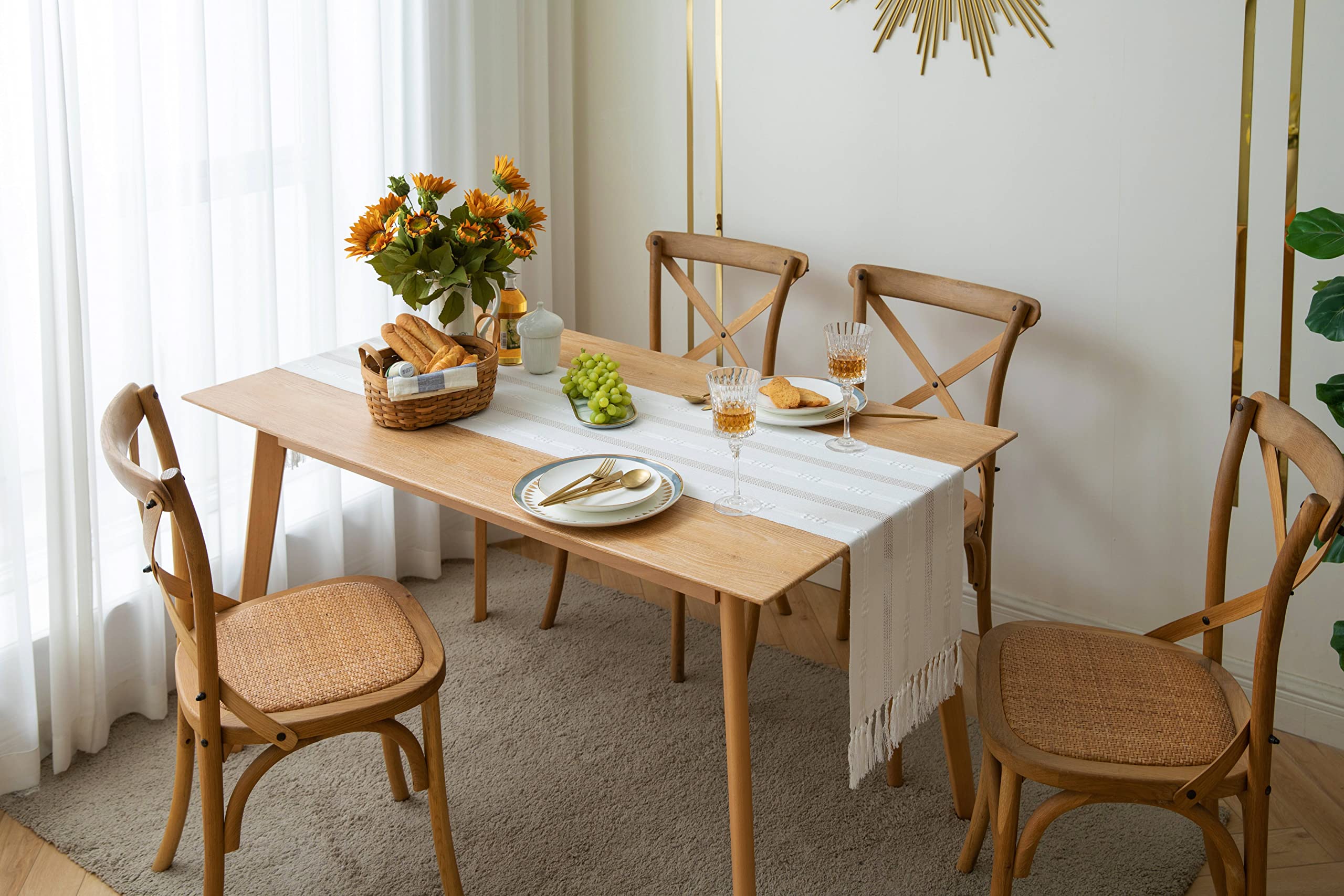 Zeemart Farmhouse Table Runner, Rustic Table Runners 90 Inches Long, Linen Boho Table Runner, Braided Striped White Table Runner