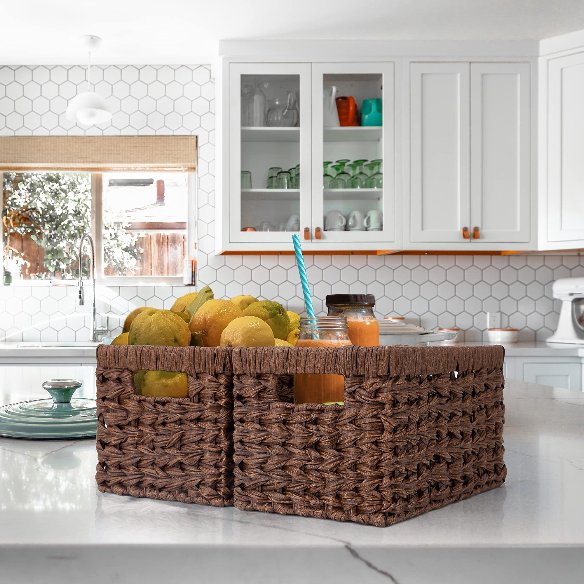 GRANNY SAYS Wicker Storage Baskets  Rectangle Storage Baskets for Shelves  Wicker Baskets for Organizing  Waterproof Woven Storage for Toilet Shelf Baskets  Laundry Room  Brown  2-Pack