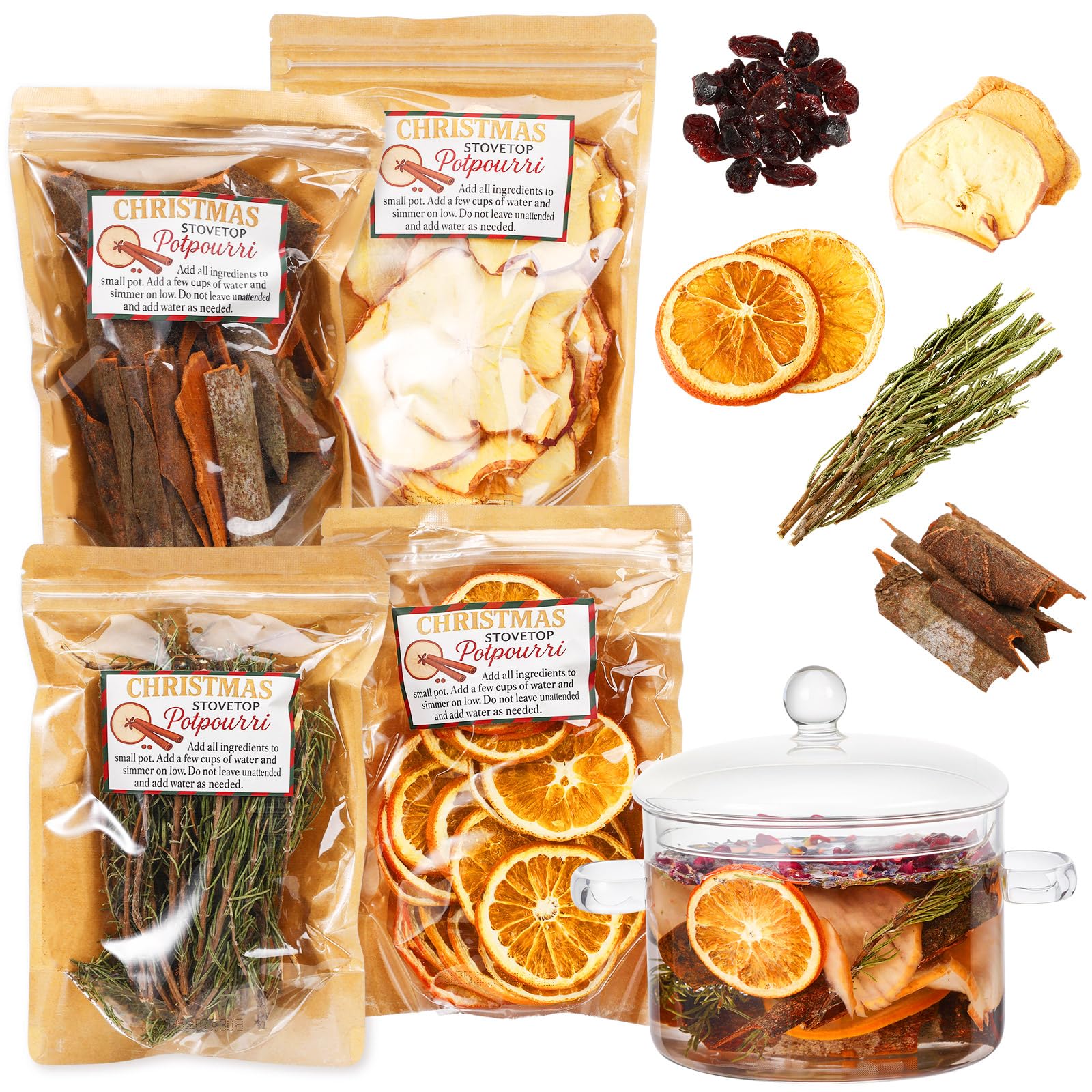 Vesici 4 Pack Christmas Potpourri Simmer with Glass Pot Dried Apple Slices Cinnamon Dried Orange Slices and Star Anise Simmer fo