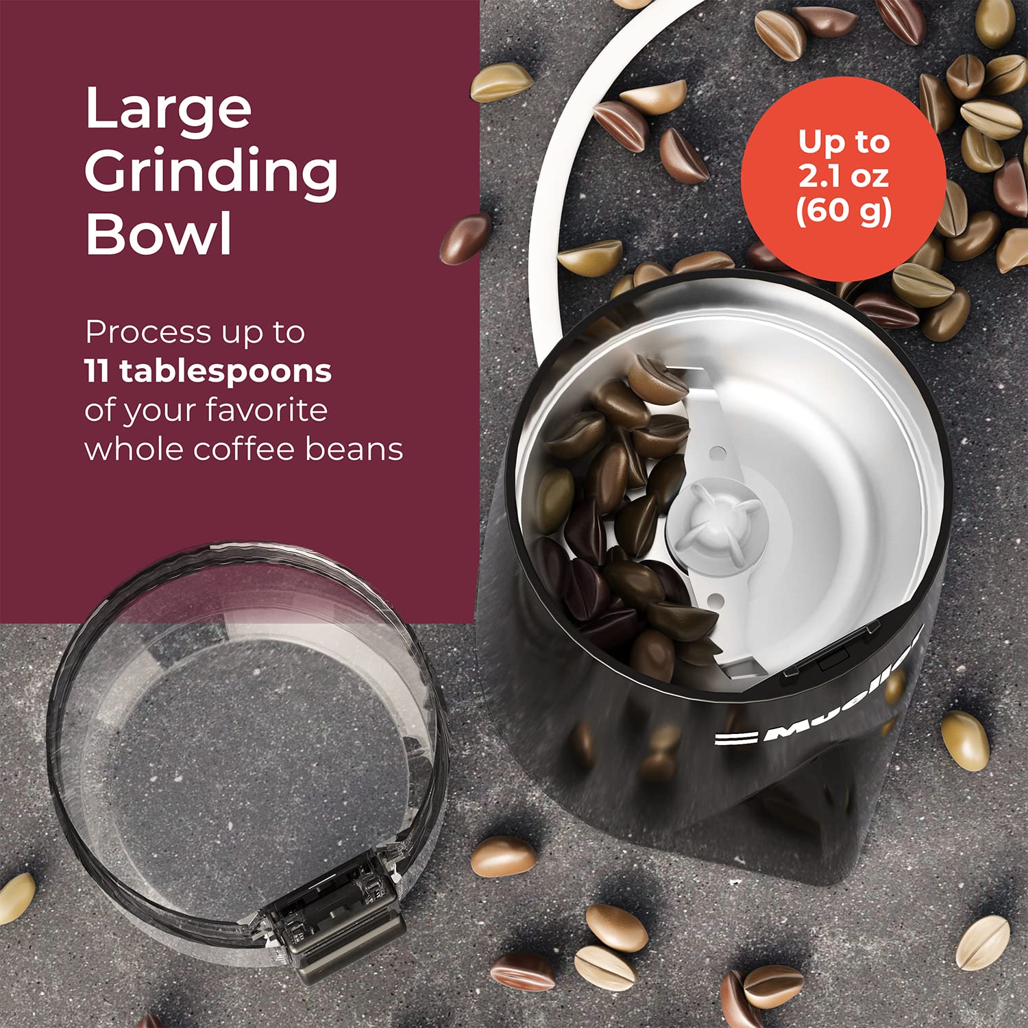 Mueller HyperGrind Electric Spice/Coffee Grinder, 2.1 oz, Stainless Steel, Powerful Motor, Black, Model MLR010555N