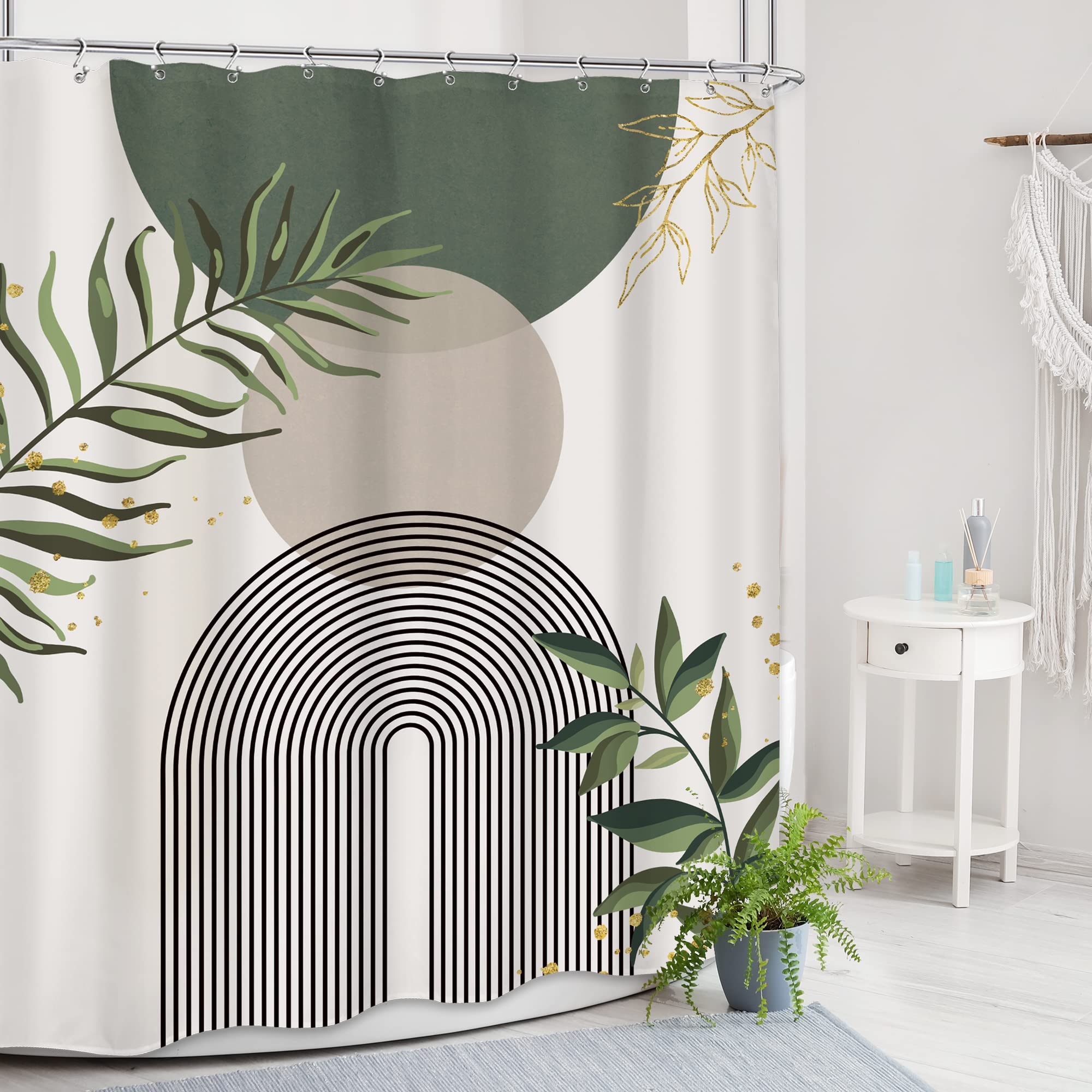 Mitpok Sage Green Boho Mid Century Shower Curtain 60Wx72H Abstract Gold Leaves Plant Grey Modern Sun Bathroom Decor Minimalist G