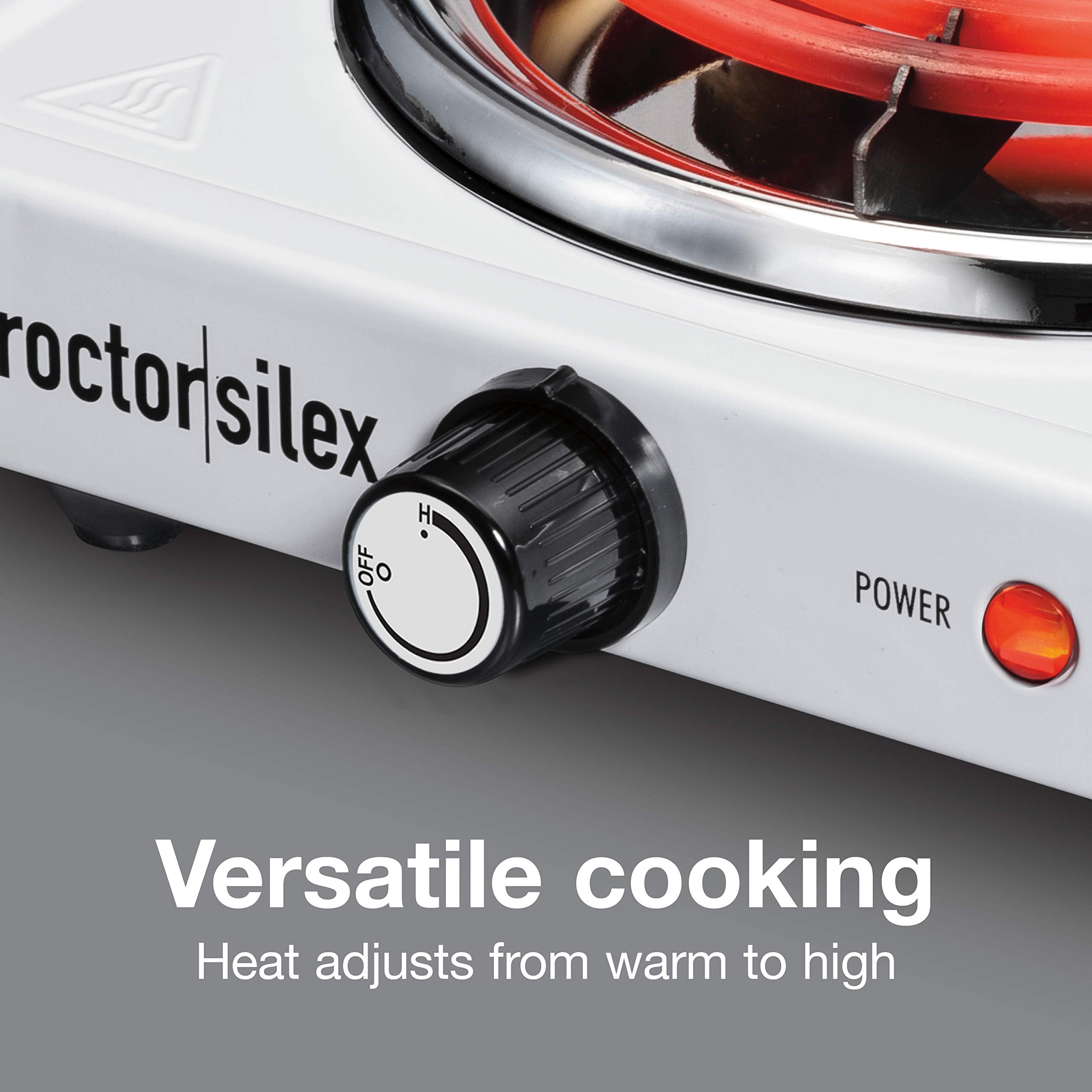 Proctor Silex Single Burner Electric Stove, 1200 Watts, Compact & Portable, Stainless Steel & White, Model 34106
