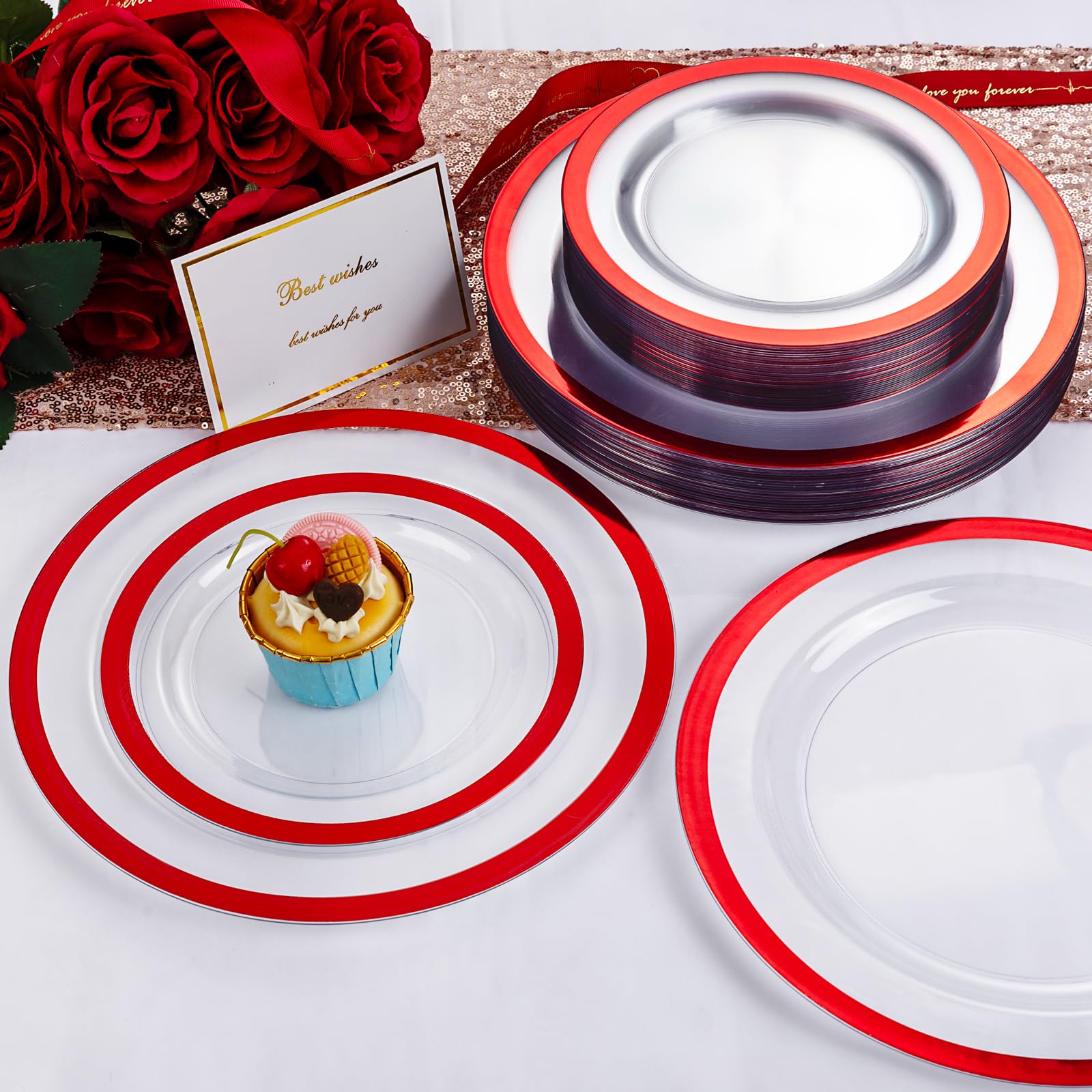 U-QE 120PCS Red Plastic Plates - Heavy Duty Disposable 10" & 7" Plates for Parties - Model ET120CB