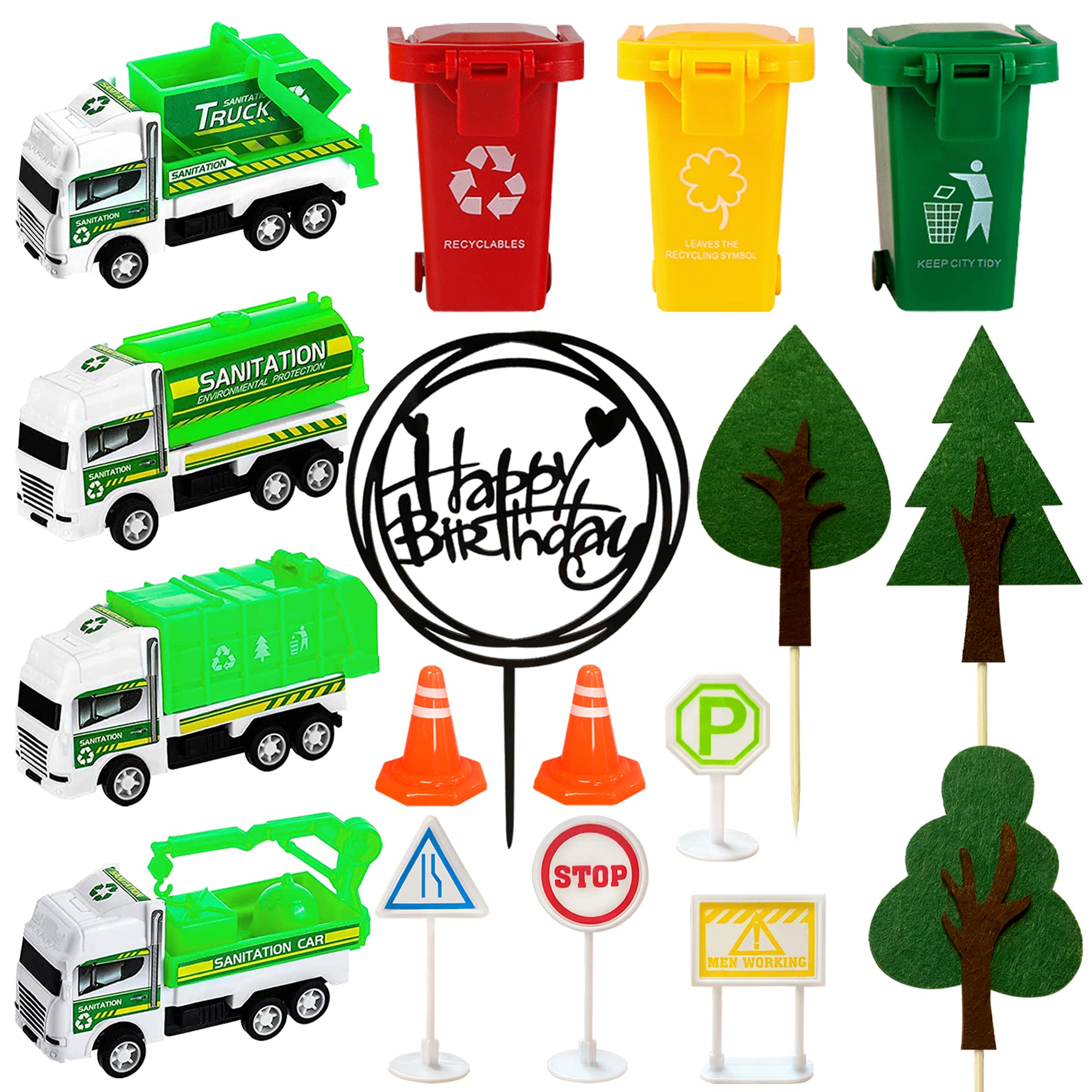 17Pcs Garbage Truck Cake Topper Trash Truck Cake Decorations Trash Can Birthday Party For Trash Truck Waste Management Recycling