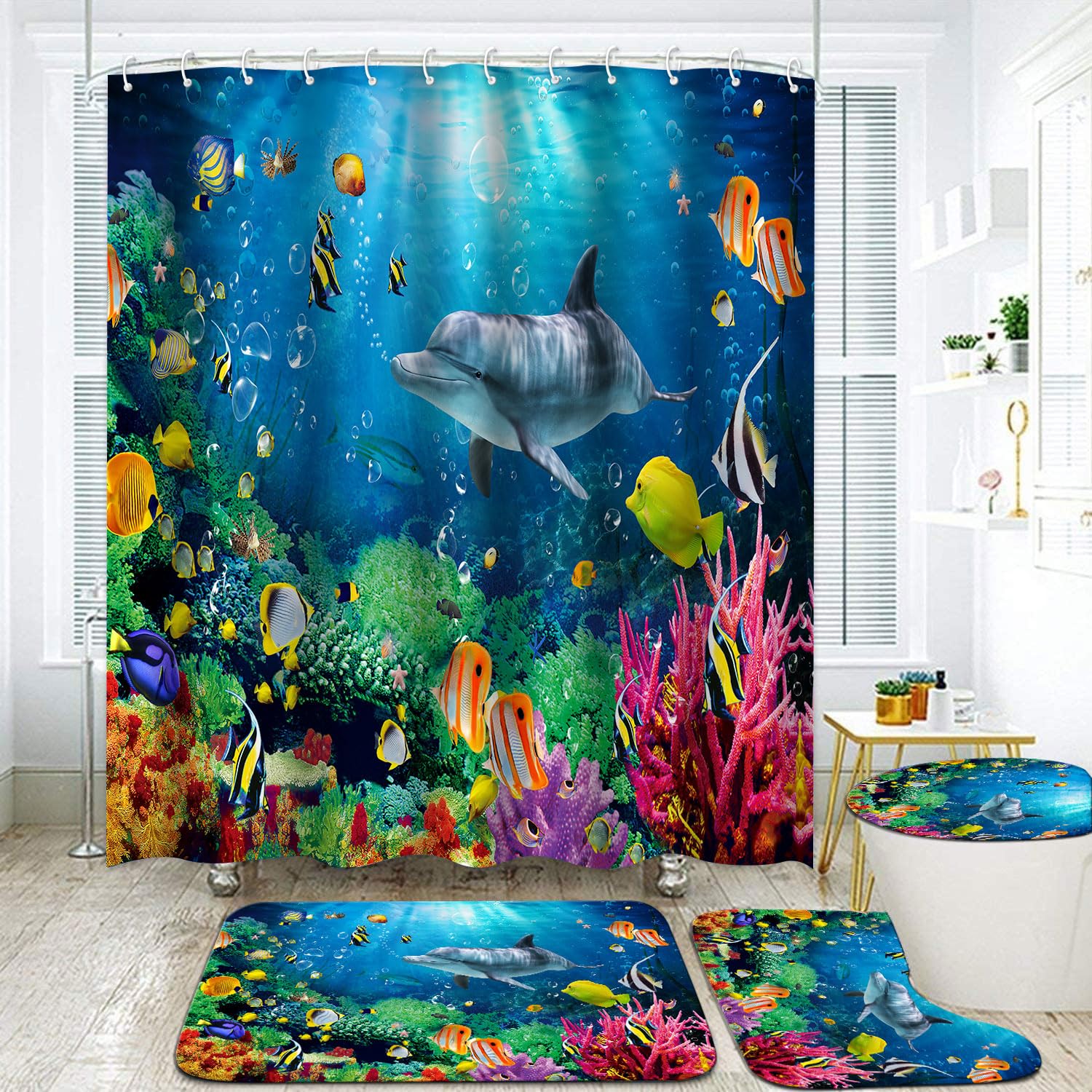 Kids Bathroom Set Blue Ocean Bathroom Shower Curtain Sets Underwater Sea World Shower Curtain 4 Pcs, Waterproof Tropical Dolphin