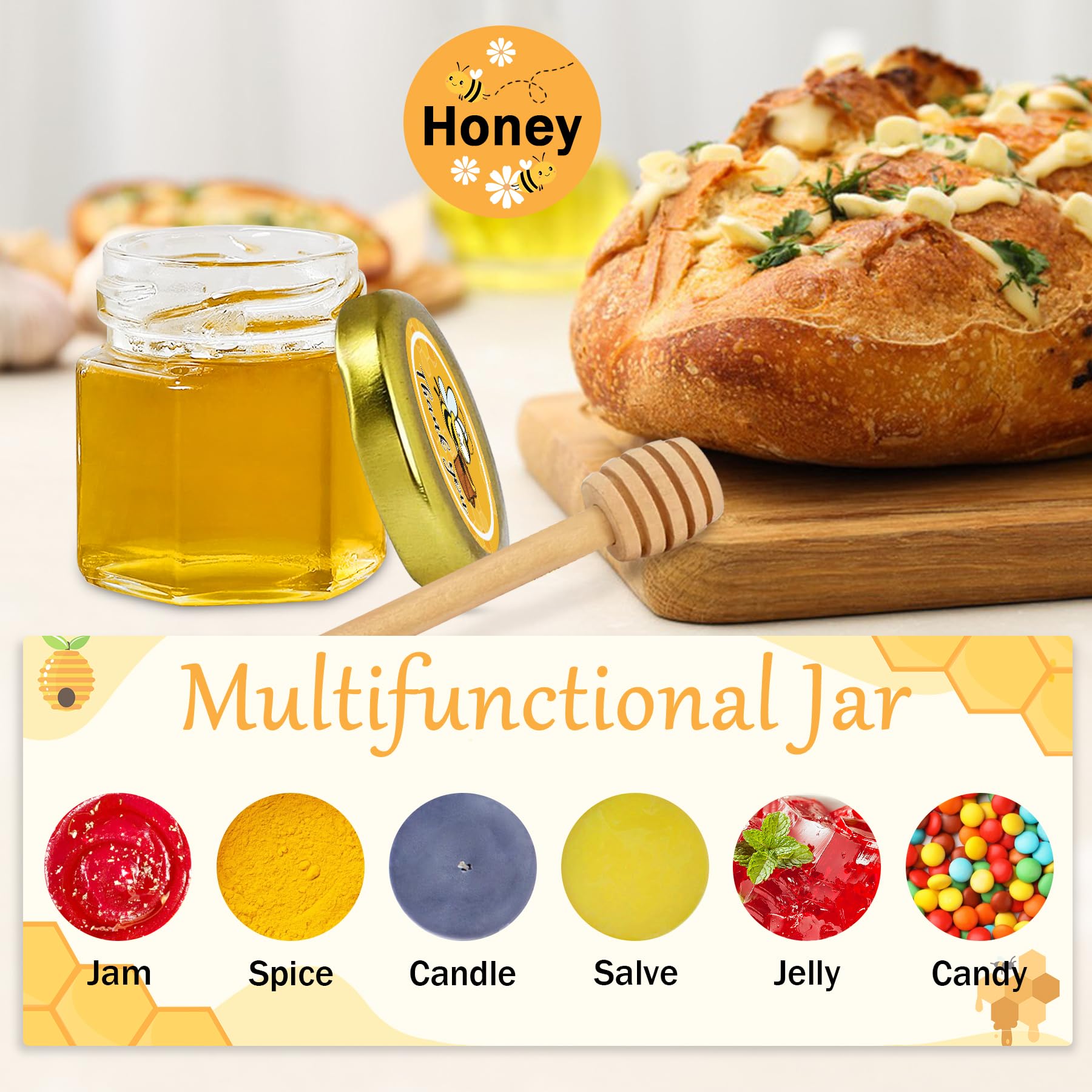 Aliggbent 48 Pack Mini Honey Jars Party Favors in Bulk, 1.5 oz Small Hexagon Glass Honey Jars with Dippers, Lids, Cute Stickers,