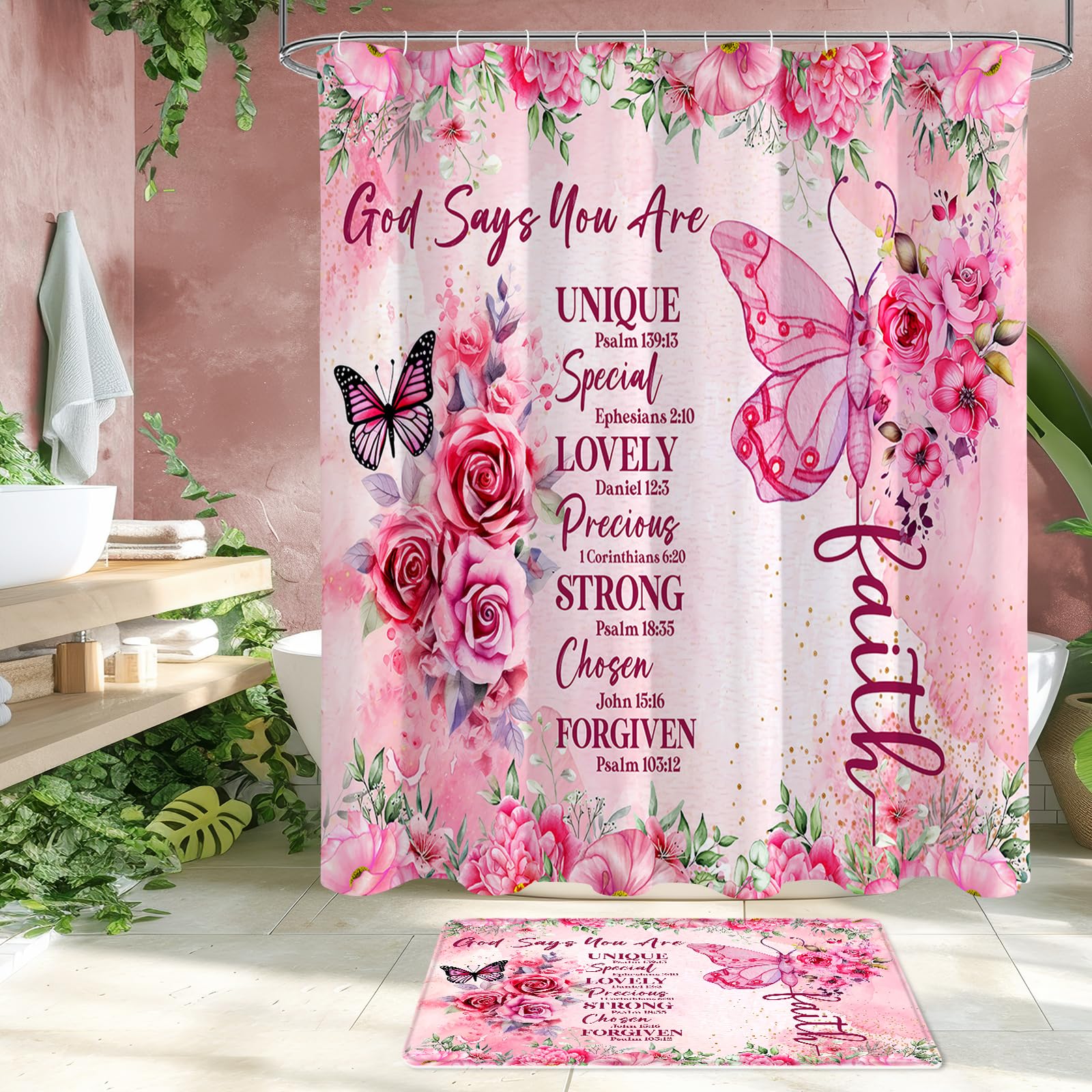 Litabel 4 Pcs Pink Butterfly Inspirational Quotes Shower Curtain Set With Rugs And Toilet Lid Cover, Colorful Boho Waterproof Fa