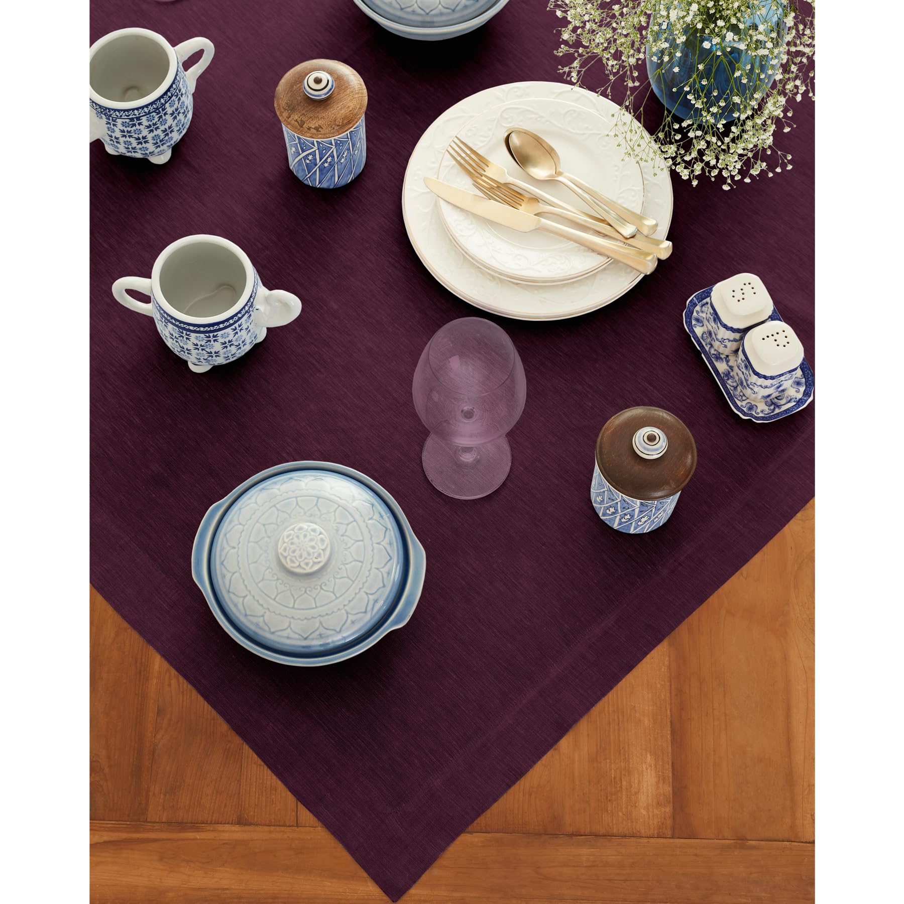 Solino Home Linen Tablecloth 52 X 52 Inch - Chambray Burgundy 100% Pure Linen Table Throw For Spring, Easter - Handcrafted And M