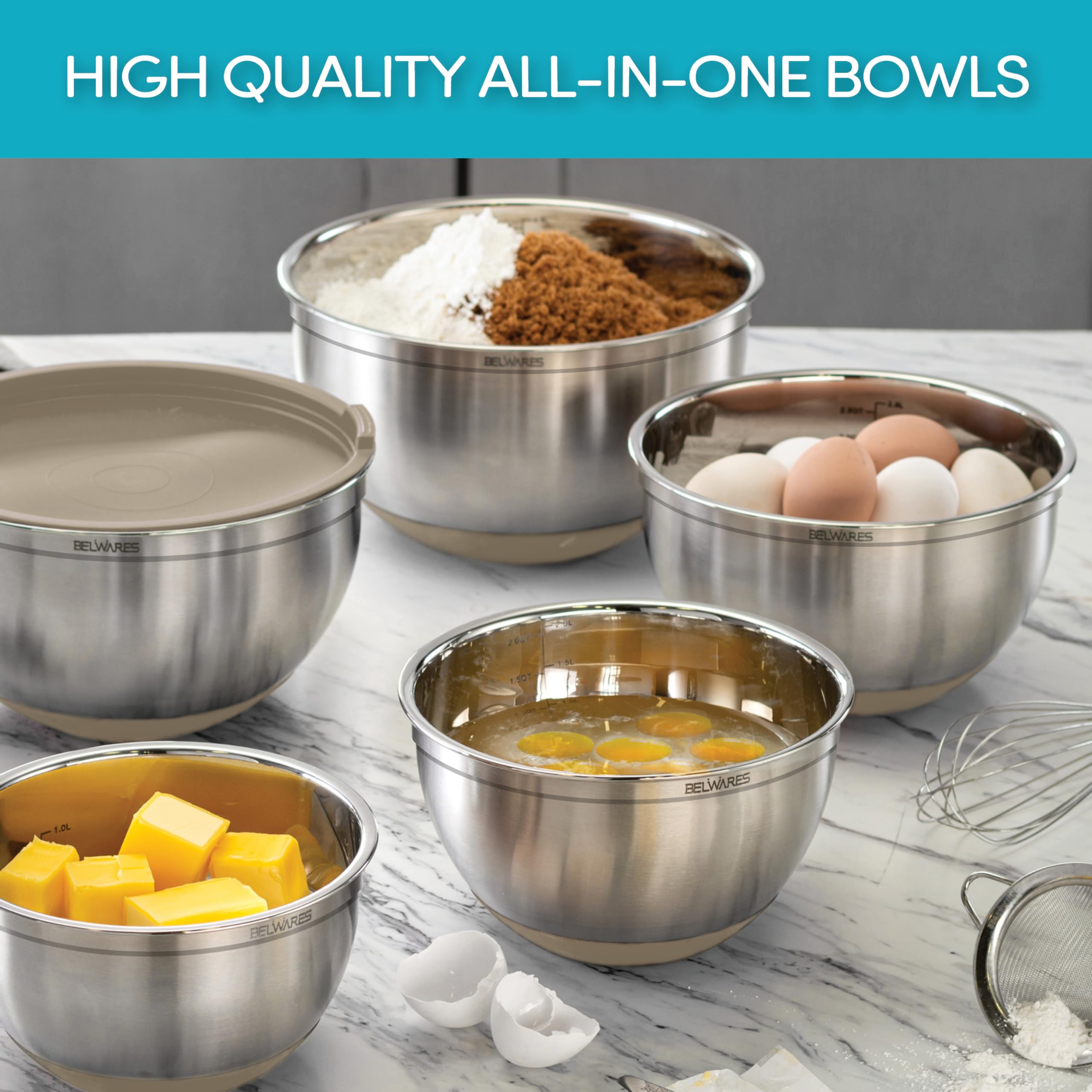 Belwares Mixing Bowls With Lids Set Of 5 - Stainless Steel Nesting Bowls With Non-Slip Silicone Bottoms, Airtight Lids & 3 Grate