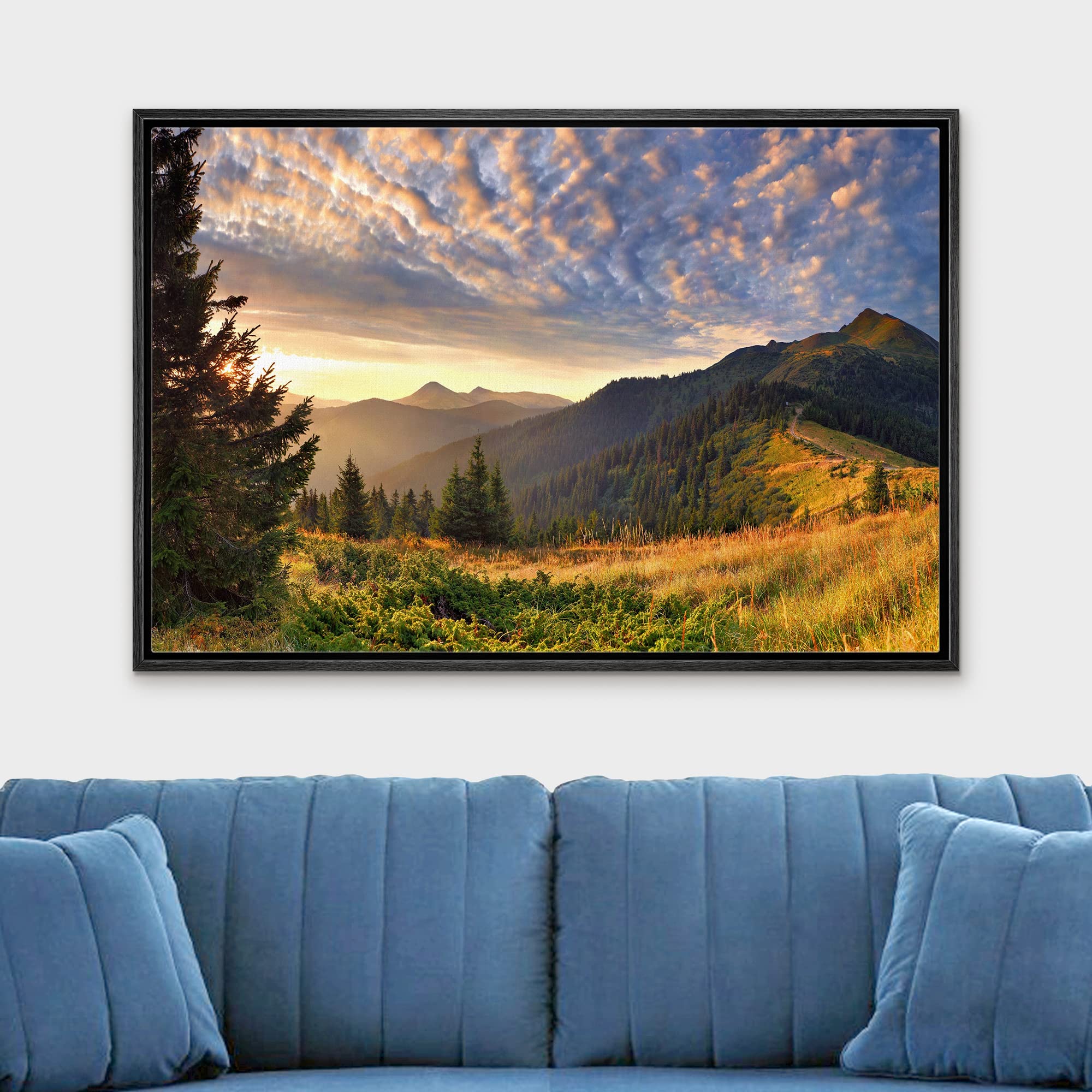 wall26 Framed Canvas Print Wall Art Sunset Over The Golden Mountain Forest Landscape Nature Wilderness Photography Realism Scenic Green Ultra for Living Room  Bedroom  Office - 16''x24'' Black