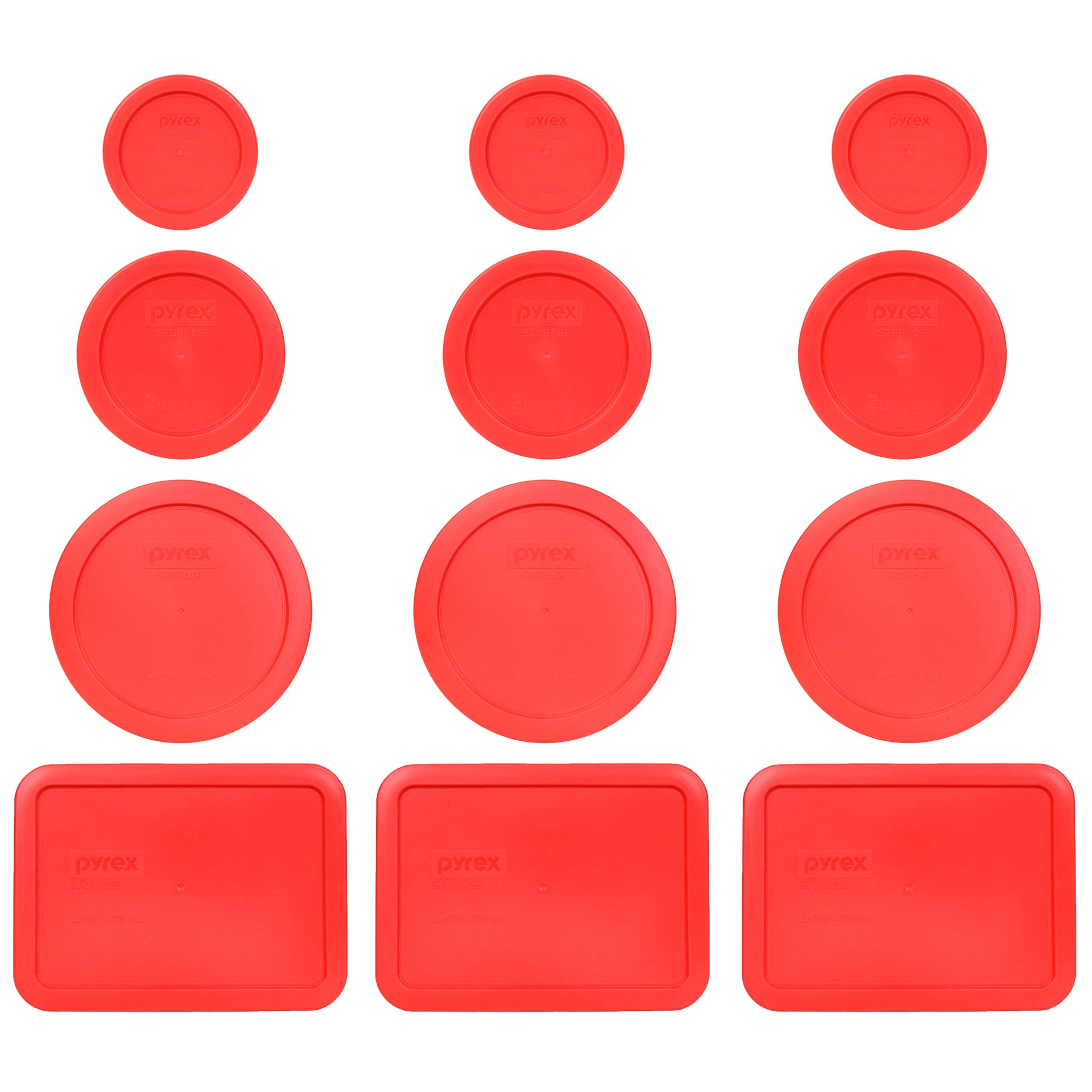 Pyrex (3) 7202-Pc 1 Cup Red (3) 7200-Pc 2 Cup Red (3) 7201-Pc 4 Cup Red (3) 7210-Pc 3 Cup Red Replacement Food Storage Lids Made