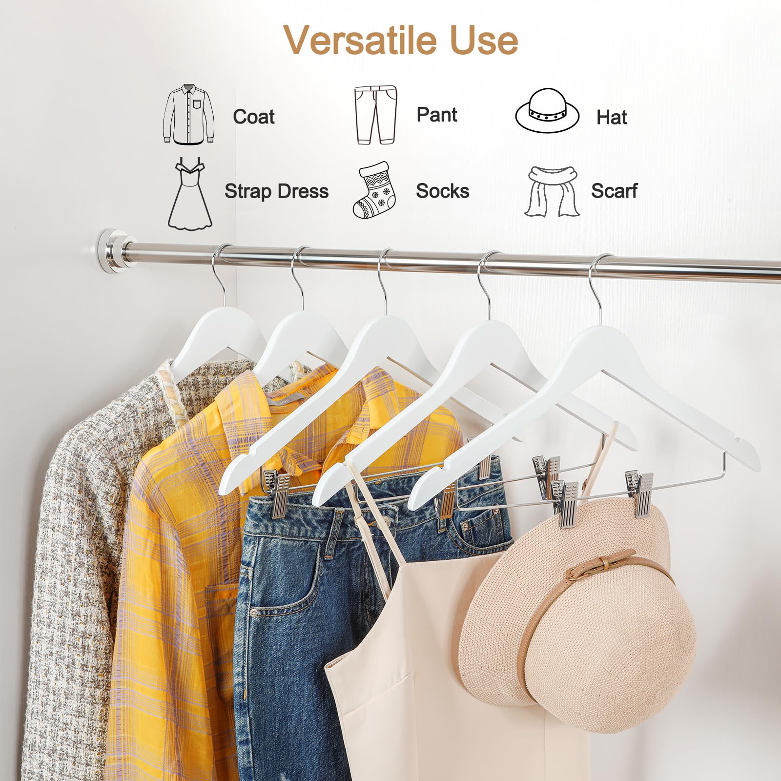 TOPIA HANGER Wooden Suit Hangers with Adjustable Metal Clips (20 Pack)  Solid Smooth Wood Clothes Hangers  360 Swivel Hook  Premium Pants Hangers for Clothes Coat  Jeans  Blouse-White CT28W20