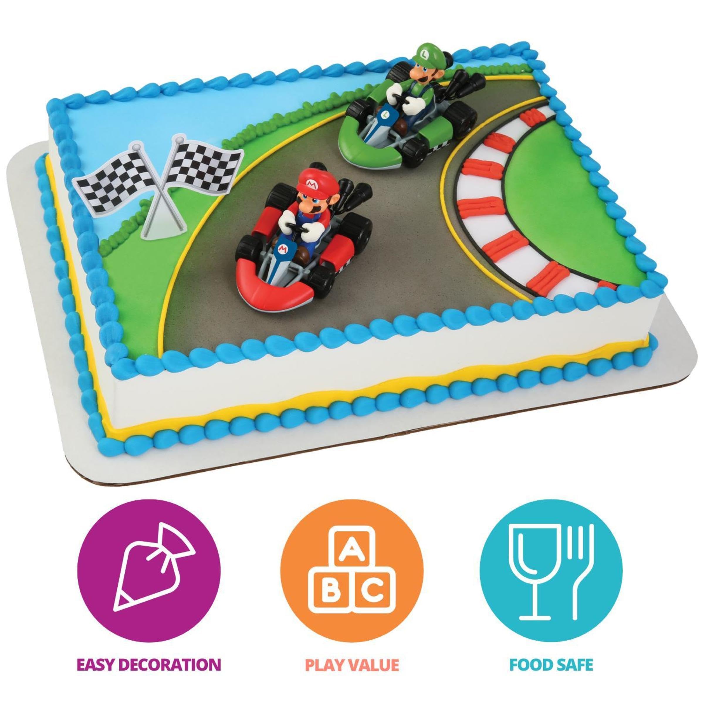 DecoPac Super Mario Kart Cake Topper  2-Pc Cake Topper with Race Car Toppers & Checkered Flag Decoration  Collectible Cars for Hours of Fun After the Party