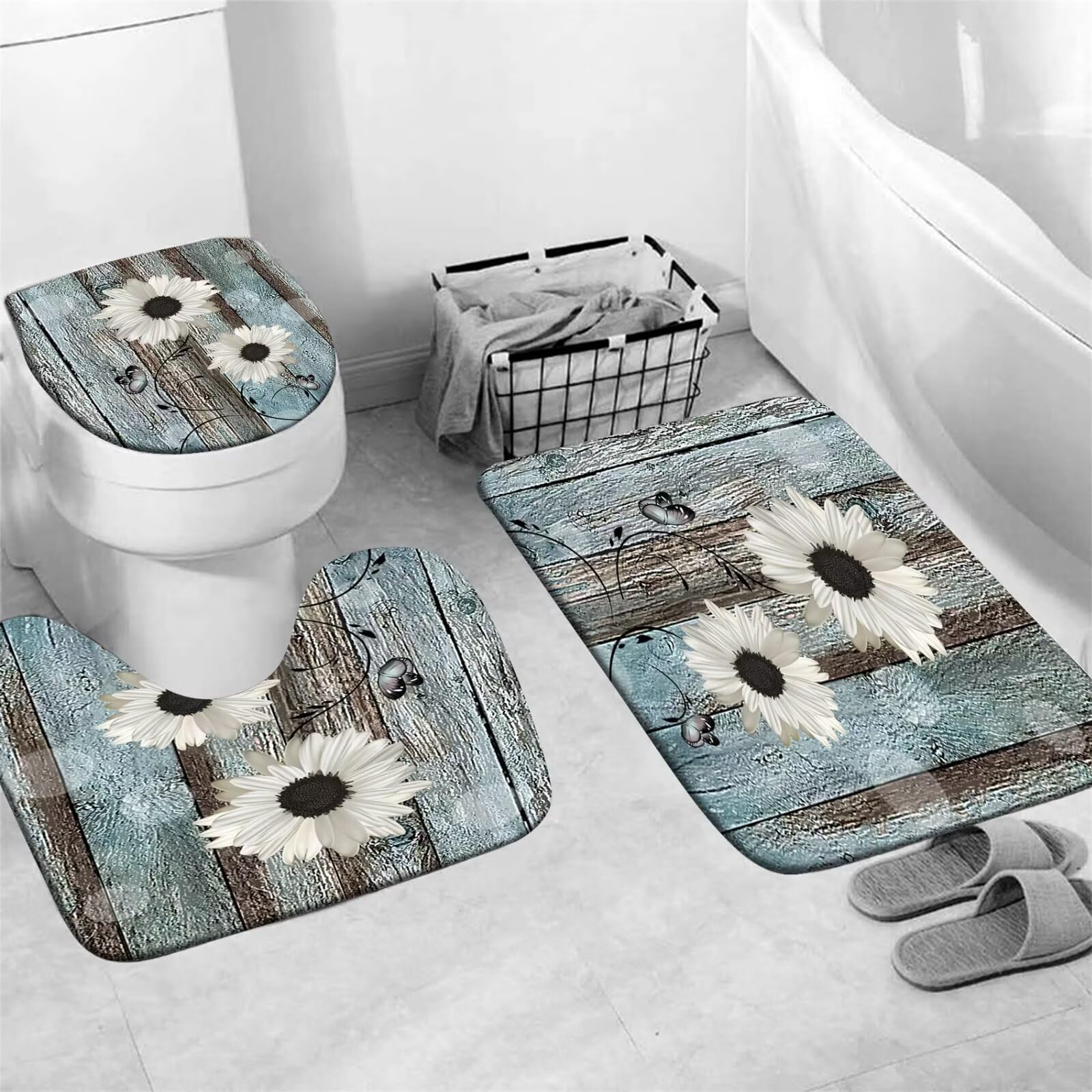 Azhm White Daisy Flower Shower Curtain Sets With Rugs 4 Piece Rustic Flower Floral Wood Panel Bathroom Decor Set With Non-Slip R