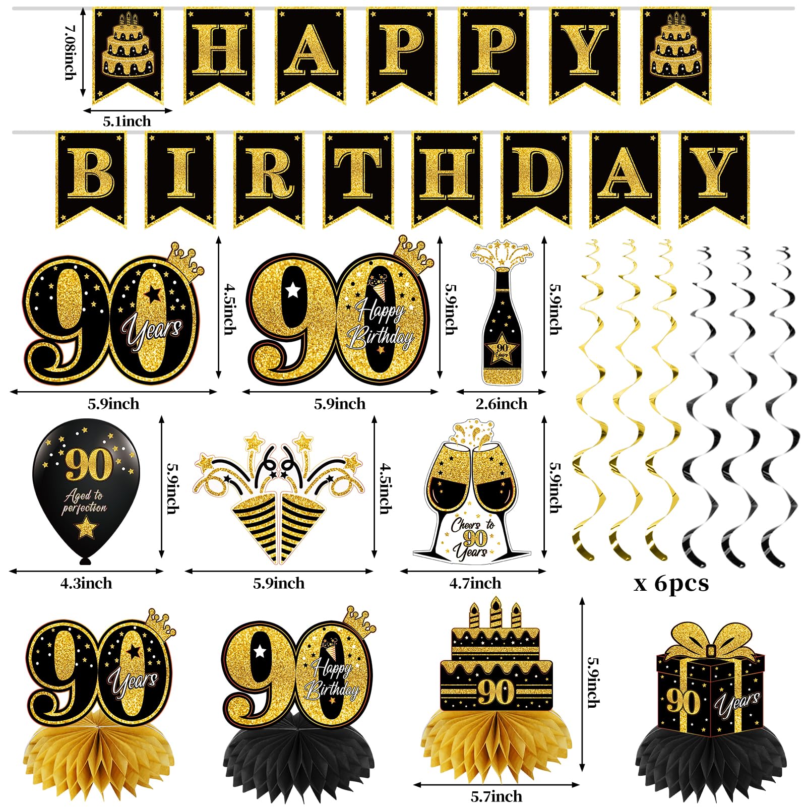Eucutur 42Pcs 90Th Birthday Decoration Kit For Men Women, Black Gold Happy 90Th Bday Banner Balloons Honeycomb Centerpiece Swirl