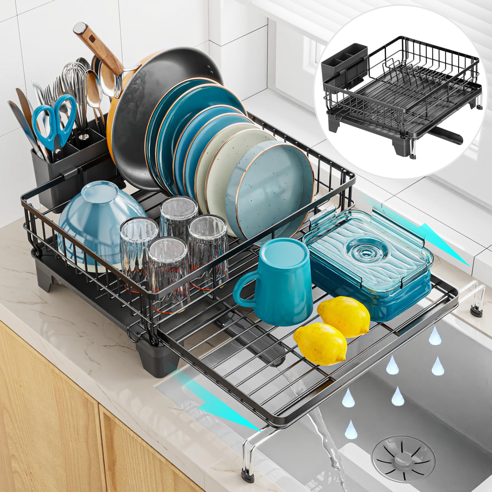 GSlife Extendable Dish Drying Rack and Sponge Holder Set - Large 2-in-1 Dish Racks for Kitchen Counter or Over Sink with Drainbo