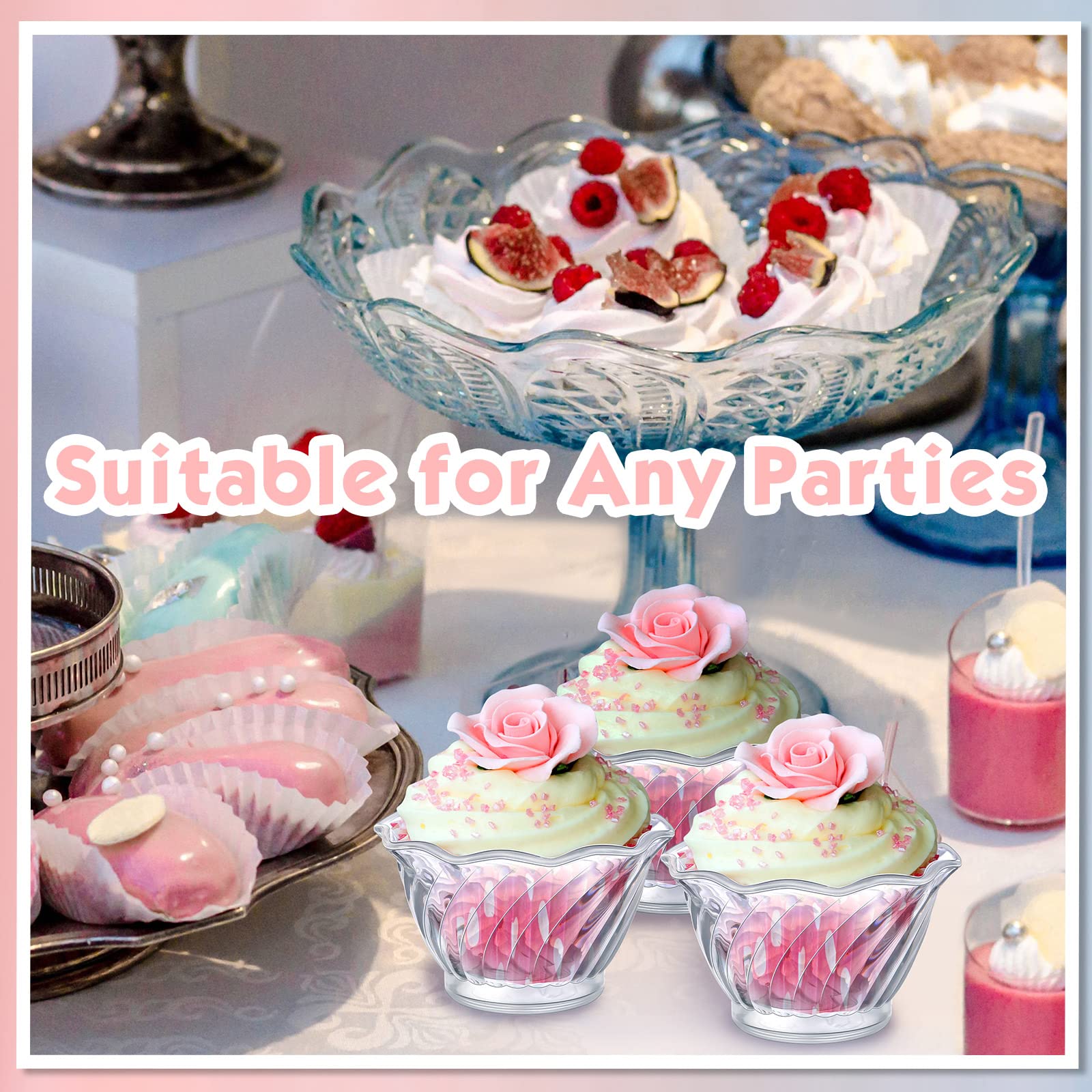 Rtteri 30 Pack Plastic Dessert Cups 6 Oz Clear Ice Cream Sundae Tasting Bowls, Mini Round Swirl Tulip Shape Party Buffet Serving