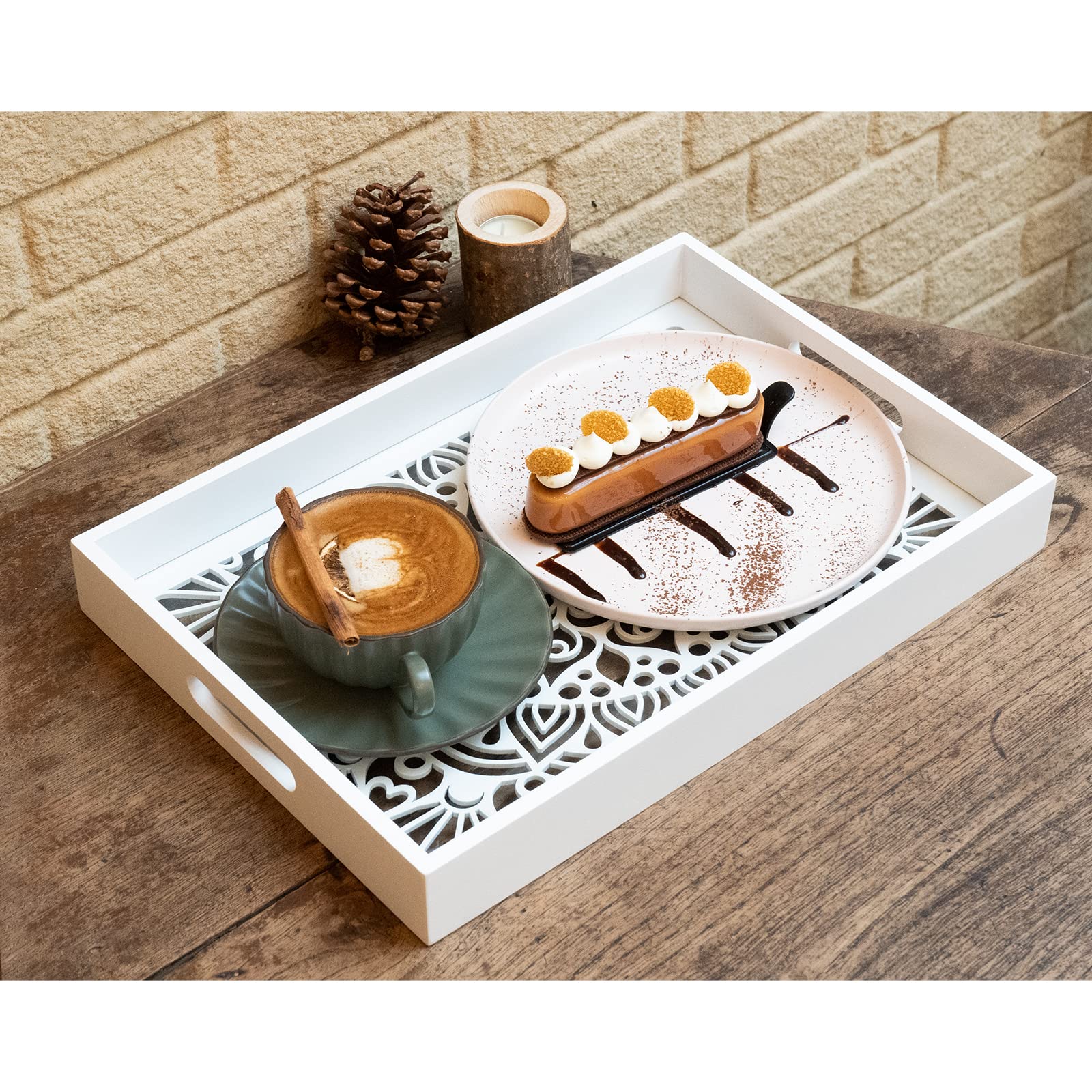 Linkove Wooden Serving Tray With Handles, White Wood Couch Ottoman Tray For Living Room, Decorative Tray For Coffee Table Kitche