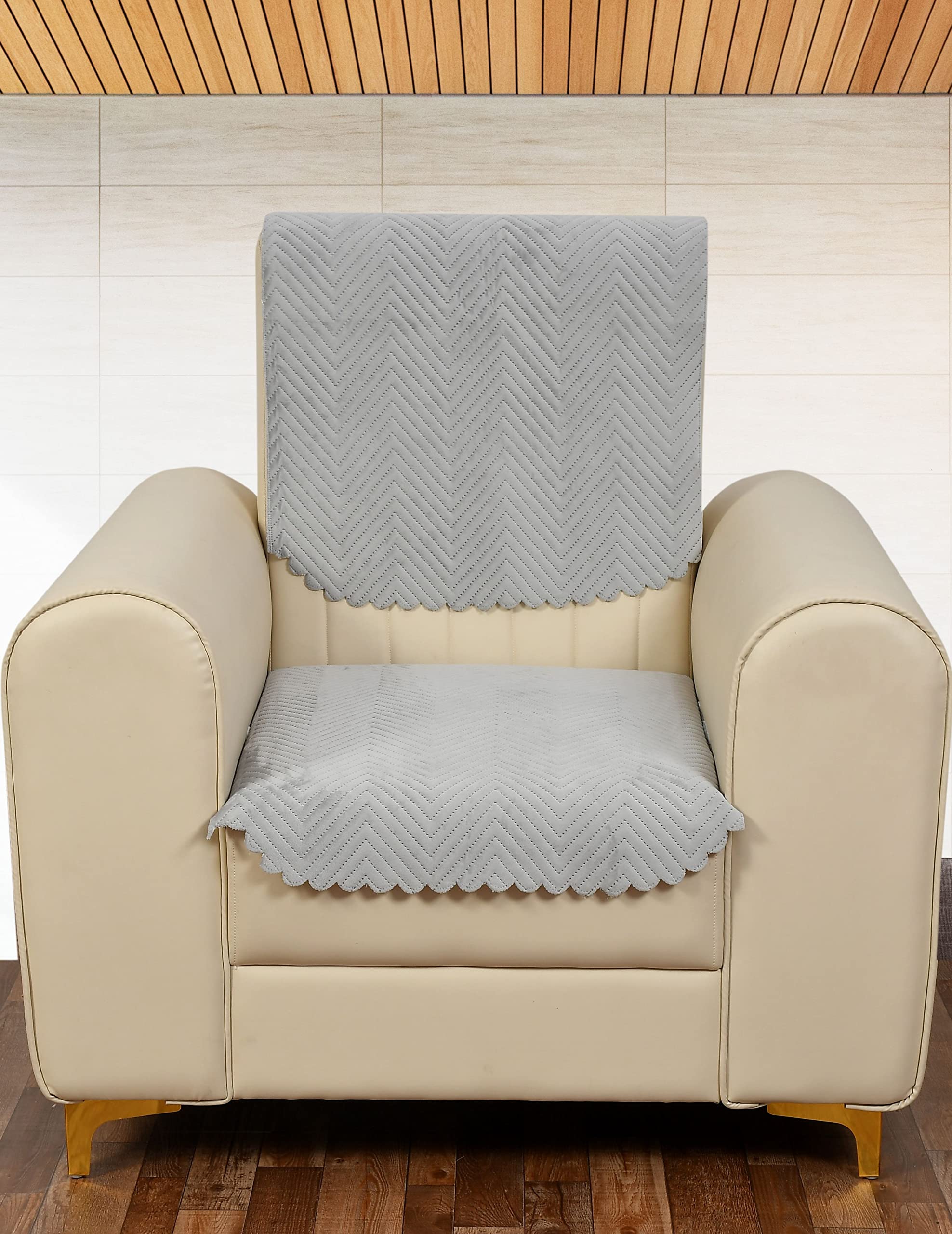 Yellow Weaves Velvet 1 Seater Quilted Sofa Chair Cover, Seat & Back Cover, Color - Light Grey