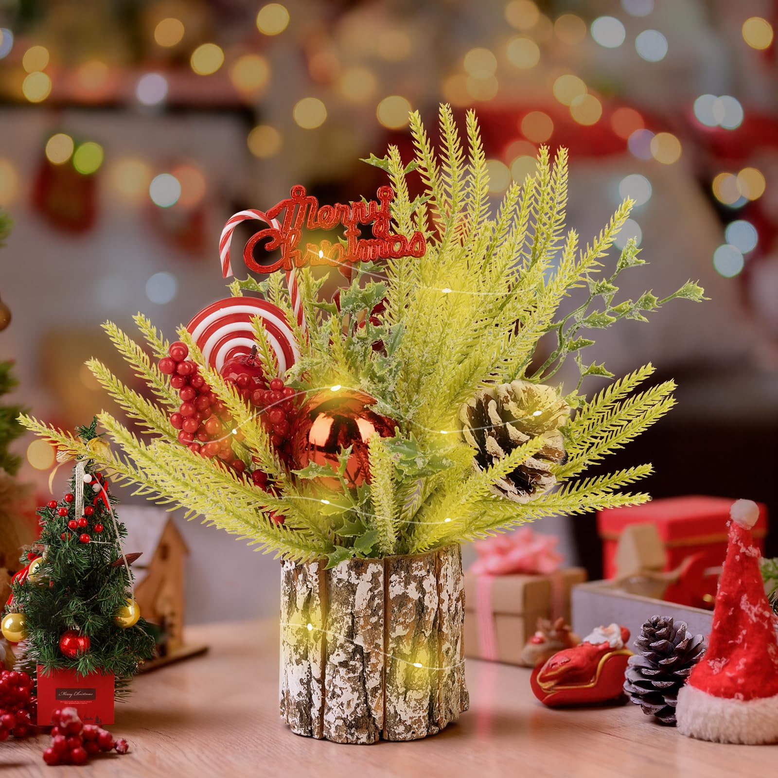 Small Table Top Christmas Tree with Lights, Mini Christmas Tree Decorations with Merry Christmas Candy Canes Pine Cones Berries