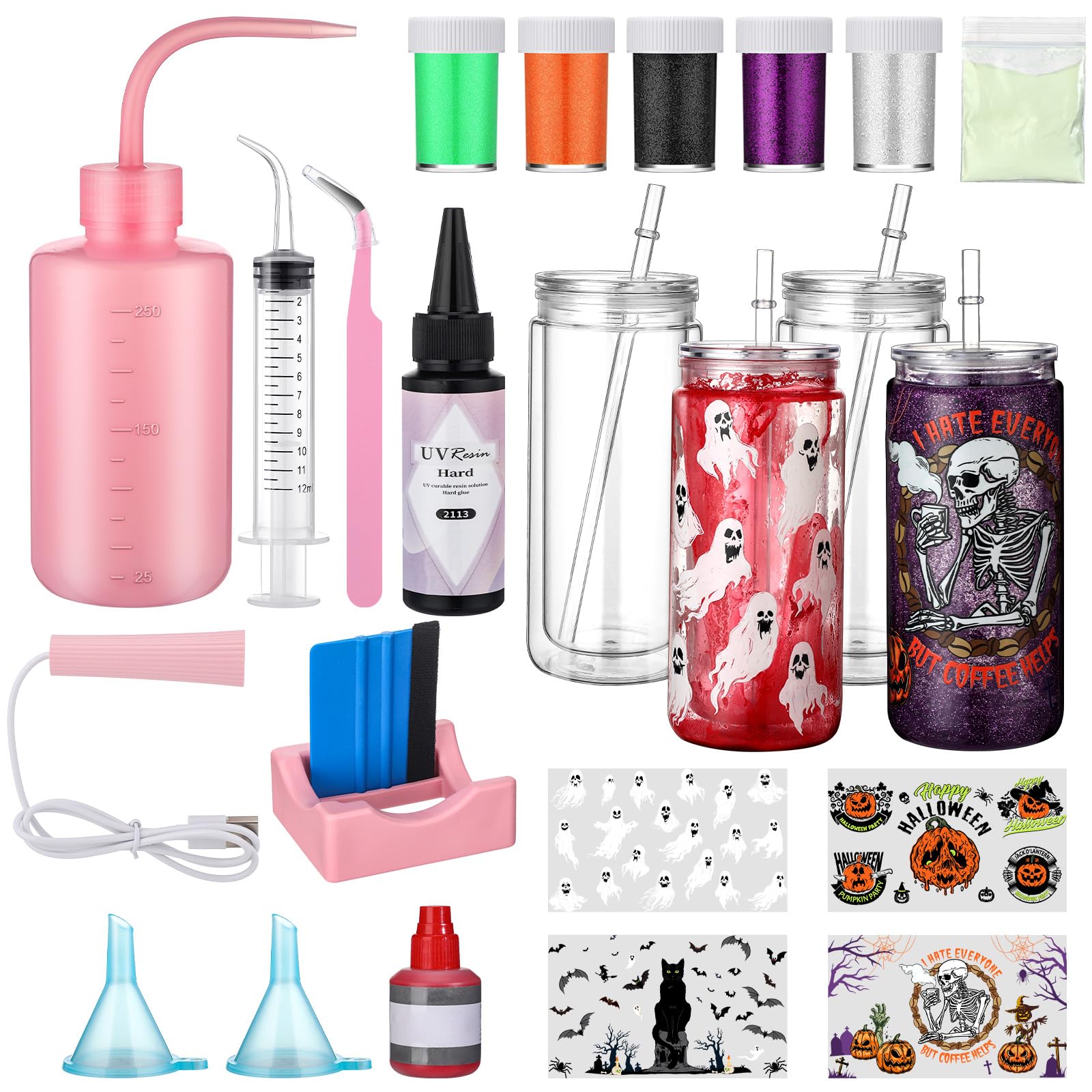 Meanplan 4 Pack Halloween DIY Snow Globe Tumbler Supplies Kits, Halloween Themed UV DTF Cup Wraps 16oz Double Wall Can Glitter S