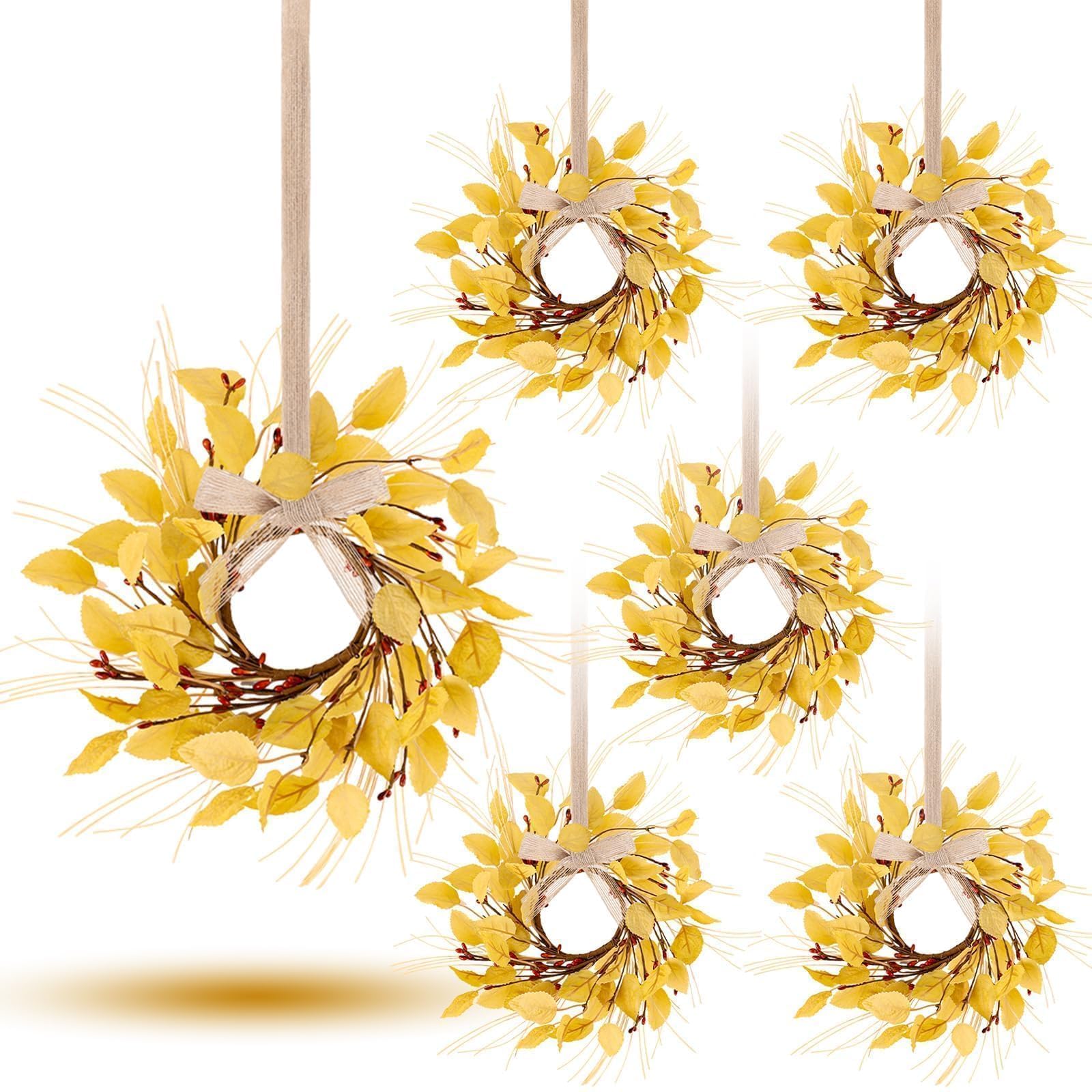 6 Pcs Fall Eucalyptus Leaves Wreaths for Kitchen Cabinets 3 Inch Front Door Mini Autumn Candle Rings Wreath with Red Berries Art