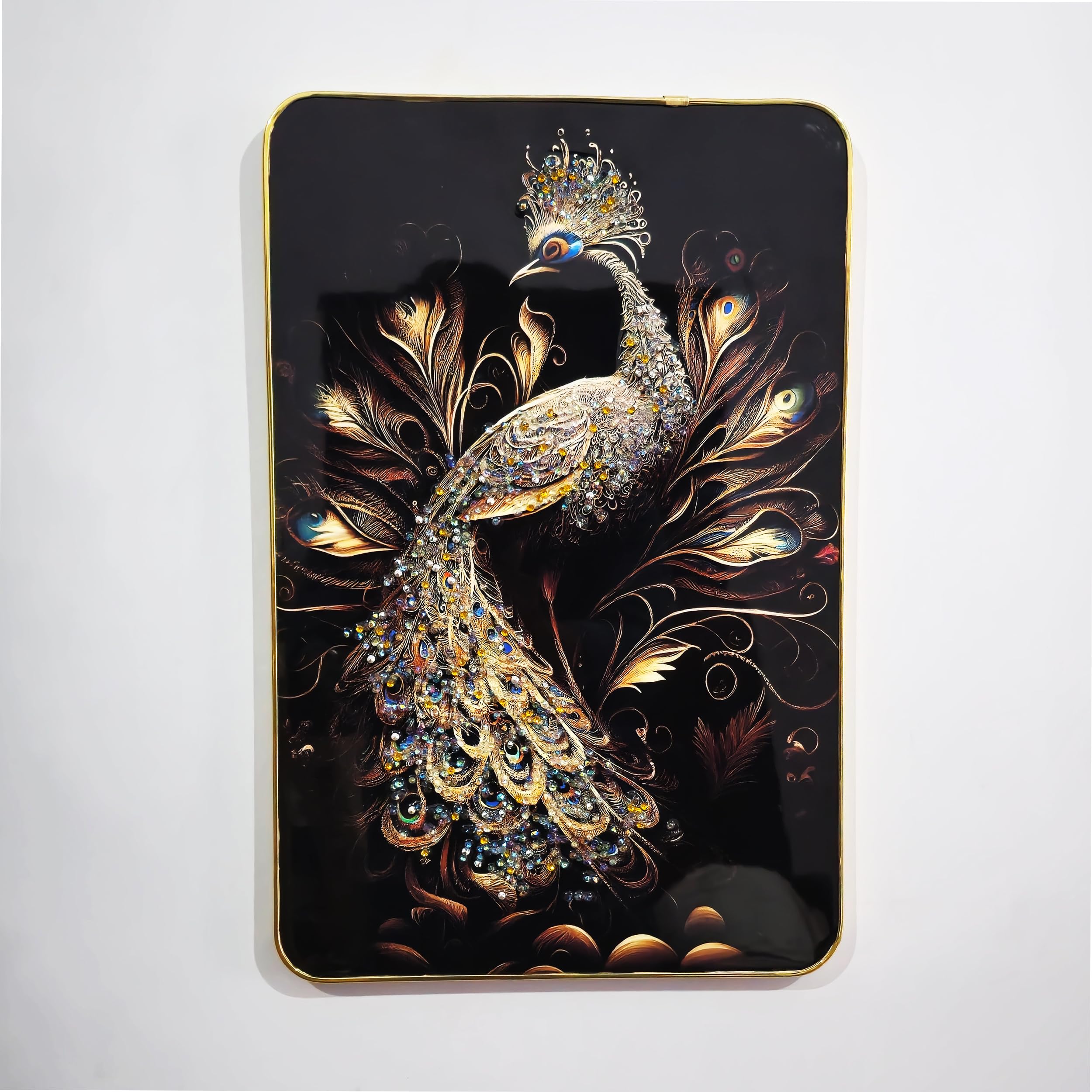 Masstone Decorative Peacock Wall Painting With Crystal Embedded High Gloss Surface Gold Slim Frame Embossed, 45X30 Cm Wall Hangi