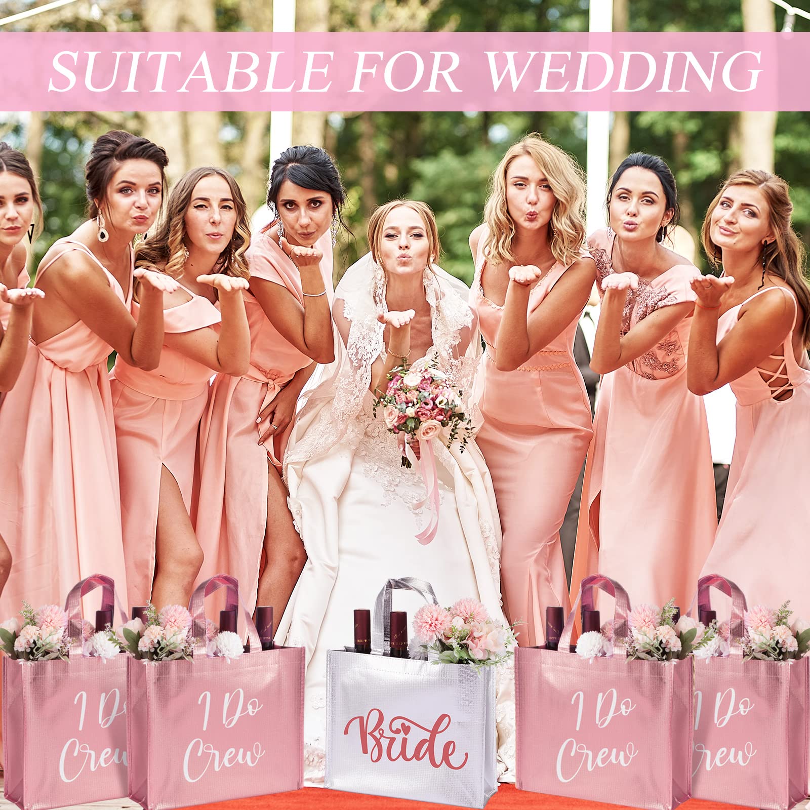 Cindeer 12 Pcs Bridesmaid Bags Holographic Bachelorette Gift Bags Glossy(Silver, Rose Gold,I Do Crew)