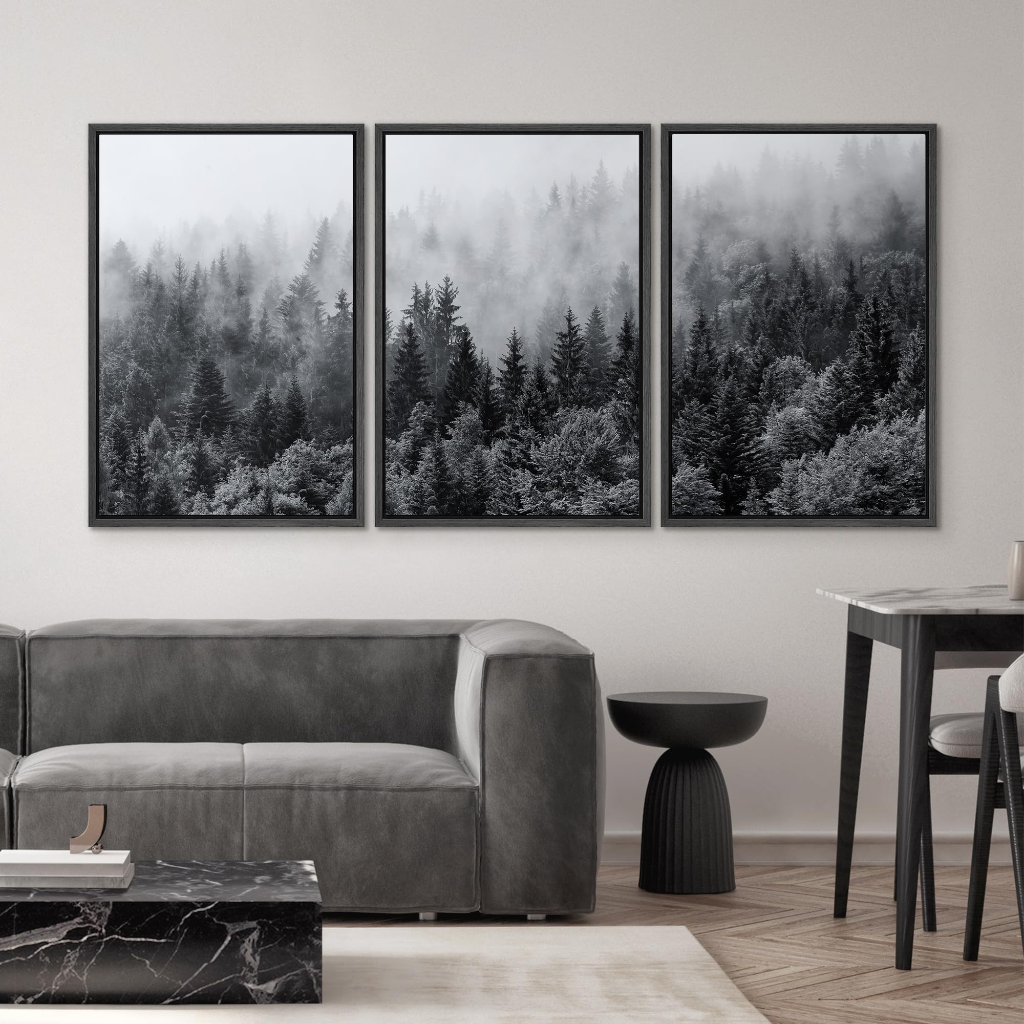 Signwin Framed Canvas Print Wall Art Set Black & White Misty Mountain Forest Nature Wilderness Photography Modern Art Chic Lands