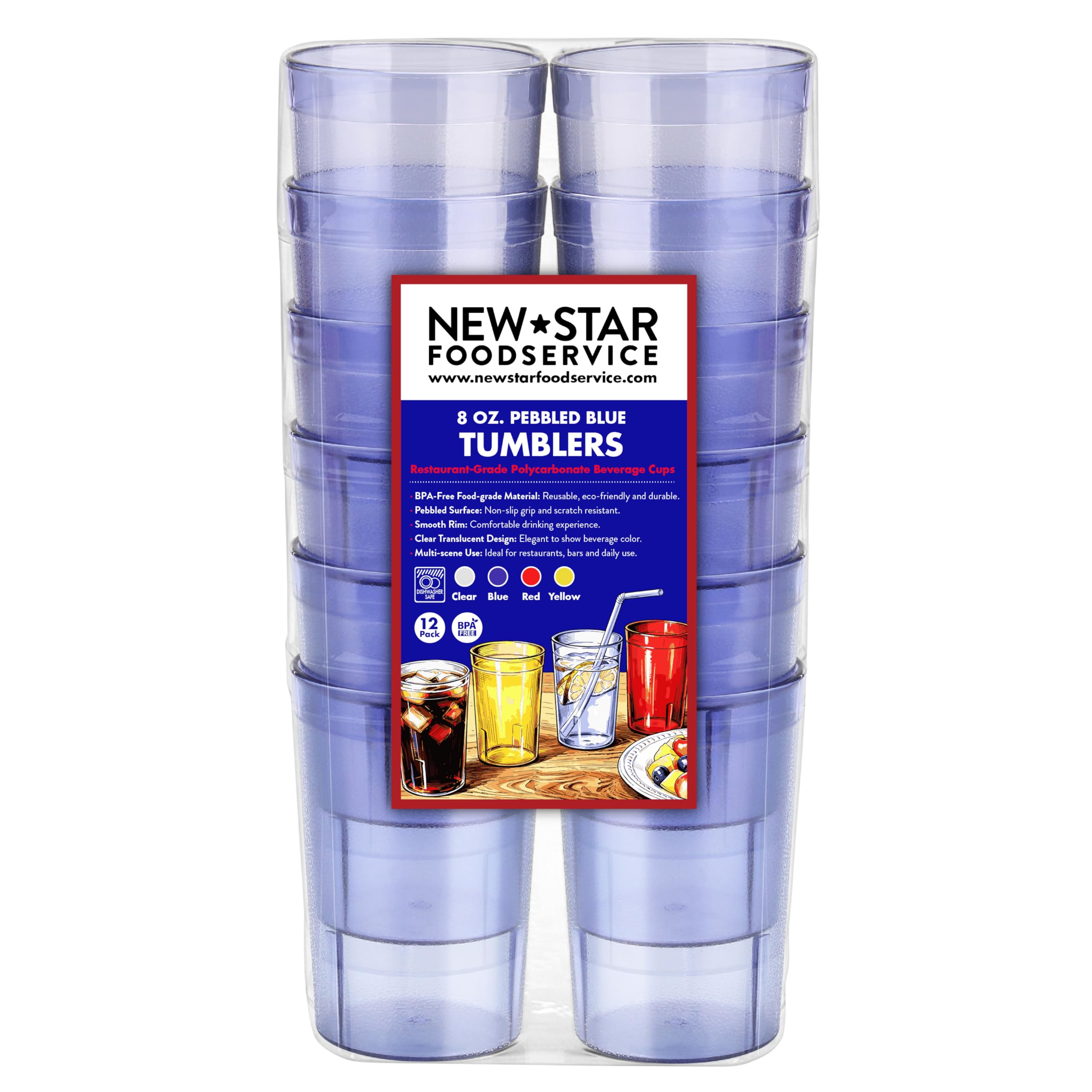 New Star Foodservice Restaurant-Grade Polycarbonate Beverage Tumblers, 8 oz, Blue, Set of 12