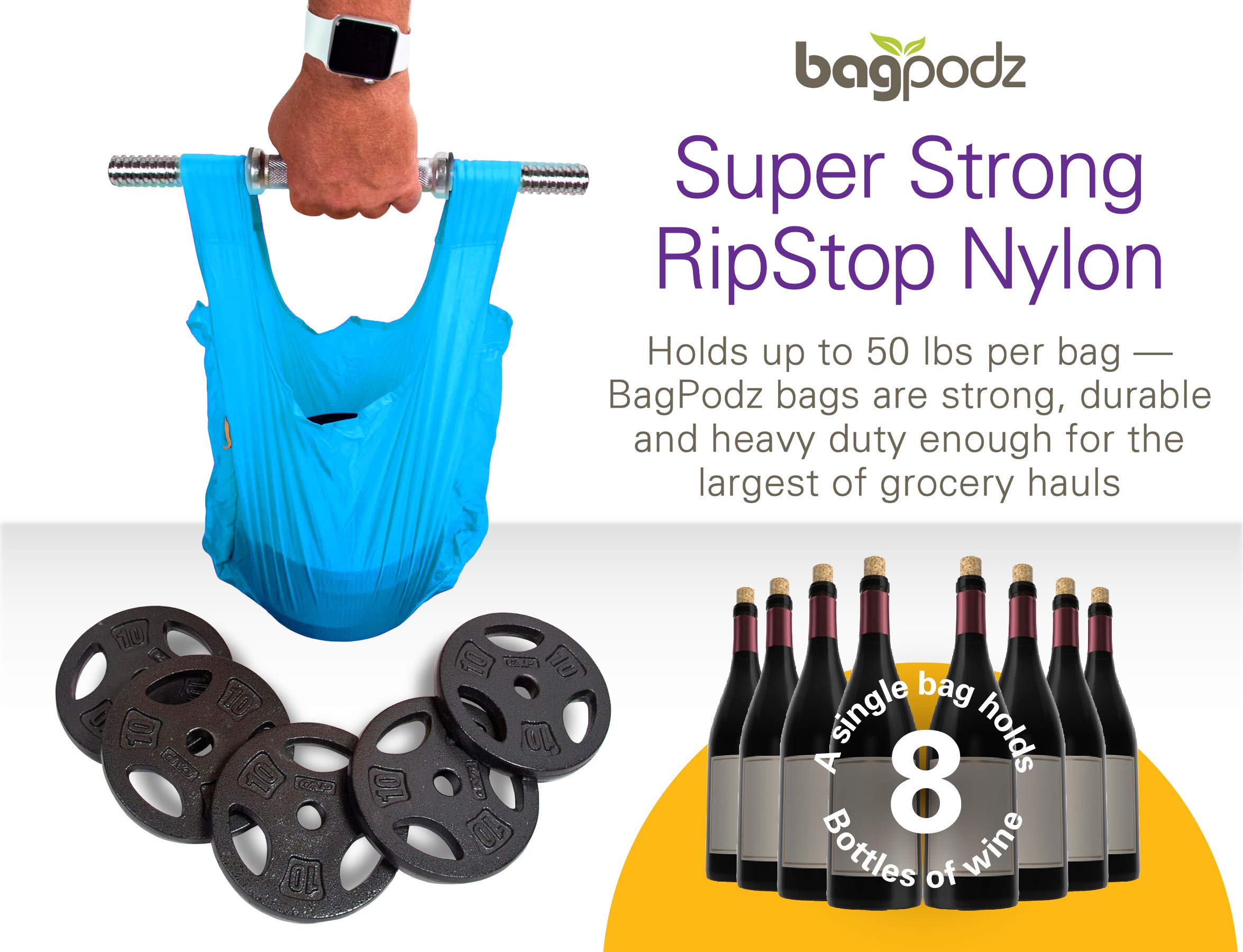 Bagpodz Sturdy Reusable Grocery Bags Made From Ripstop Nylon Hold 50Lbs - Reusable Shopping Bags Inside A Compact Pod With Carry