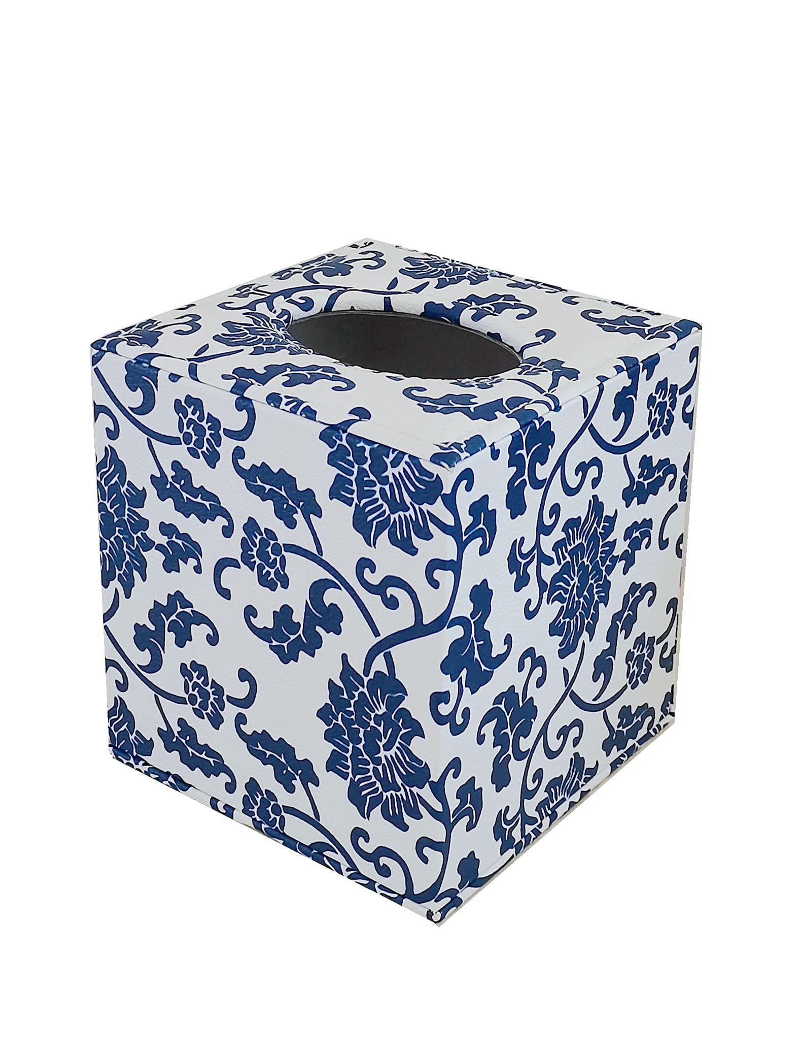 S Forever Faux Leather Tissue Box Cover - Square, Blue and White Porcelain, Model SNF005
