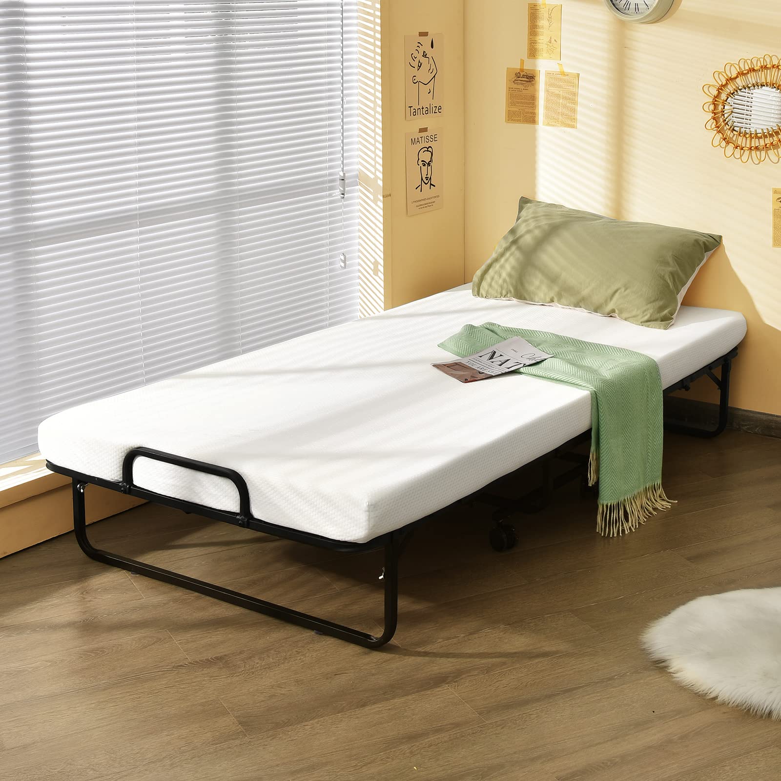 Gorelax Folding Bed With Mattress For Adults, Twin Size Small Portable Bed Set W/Metal Bed Frame & 4    Memory Foam Mattress, Fo