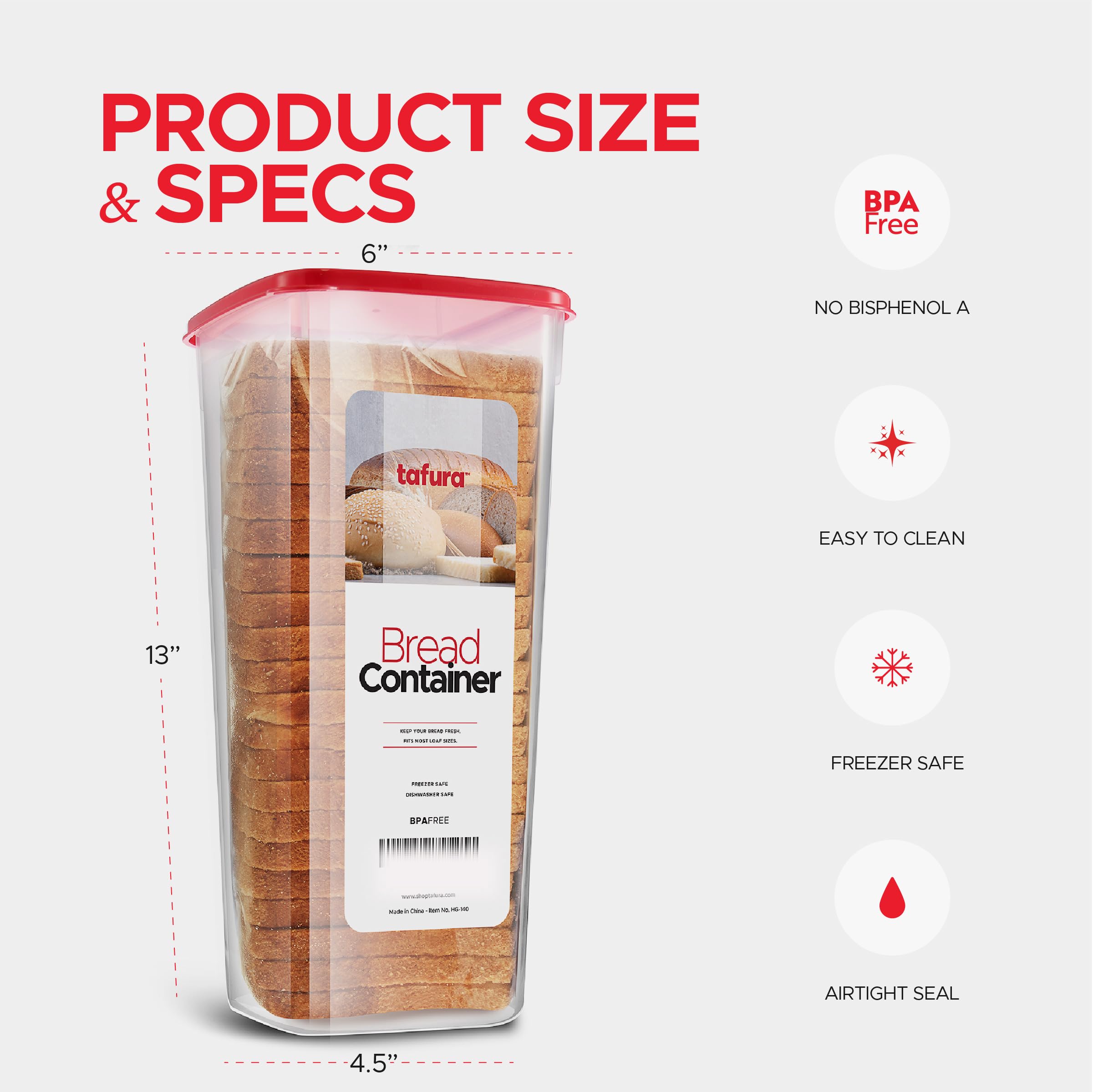 Tafura Bread Container | Bread Storage Container | Plastic Bread Box | Bread Loaf Keeper With Red Lid | Bread Saver Dispenser, B