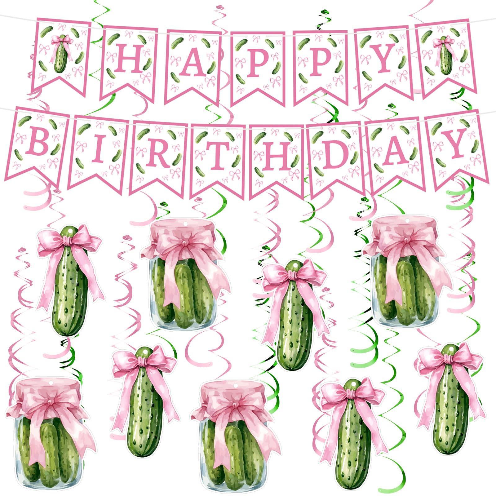 Mindsoft 29 Pcs Pink Bow Pickle Birthday Party Decorations Happy Birthday Banners with Pink Bow Pickle Cutouts Swirls Kind of a 